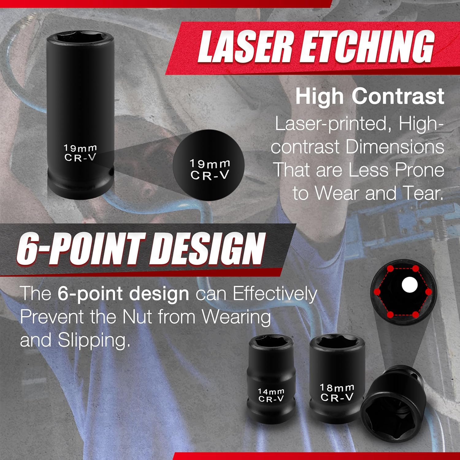 45pcs 1/2" Socket Set, Drive Deep and Shallow Impact Socket Set, Including 3 ", 5", 10" Impact Extension Bar, Universal Joint, Metric(9-32mm),6-Point,Cr-V Steel