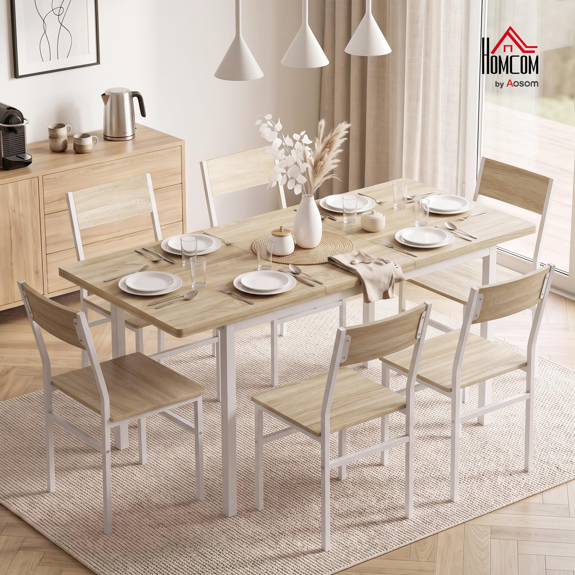 HOMCOM Conjunto de Mesa y 6 Sillas de Comedor de 7 Piezas Mesa 120-160 cm