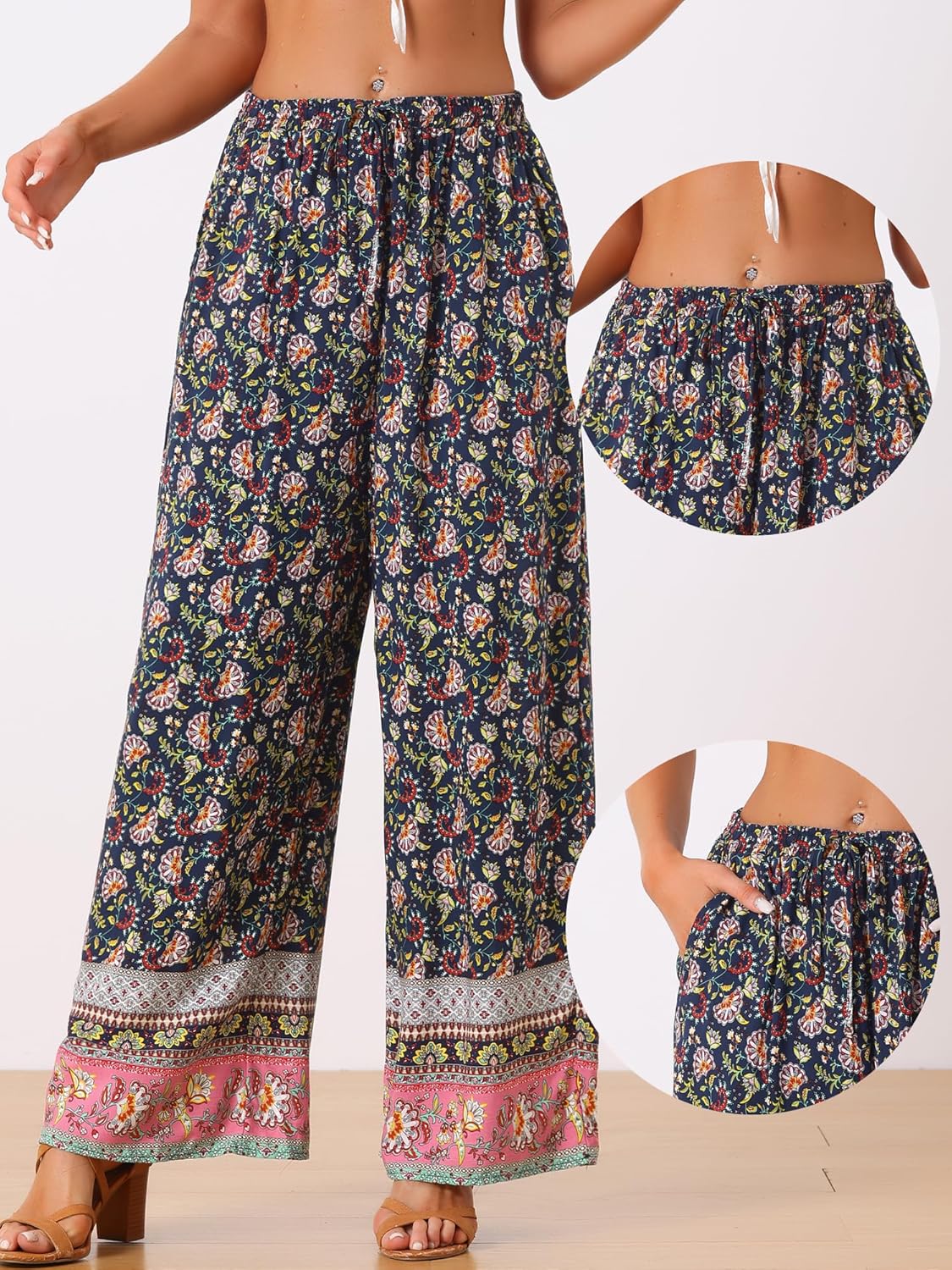 Allegra K Boho Floral Pants for Women's Drawstring Waist Beach Wide Leg Pants with Pockets - Image 2