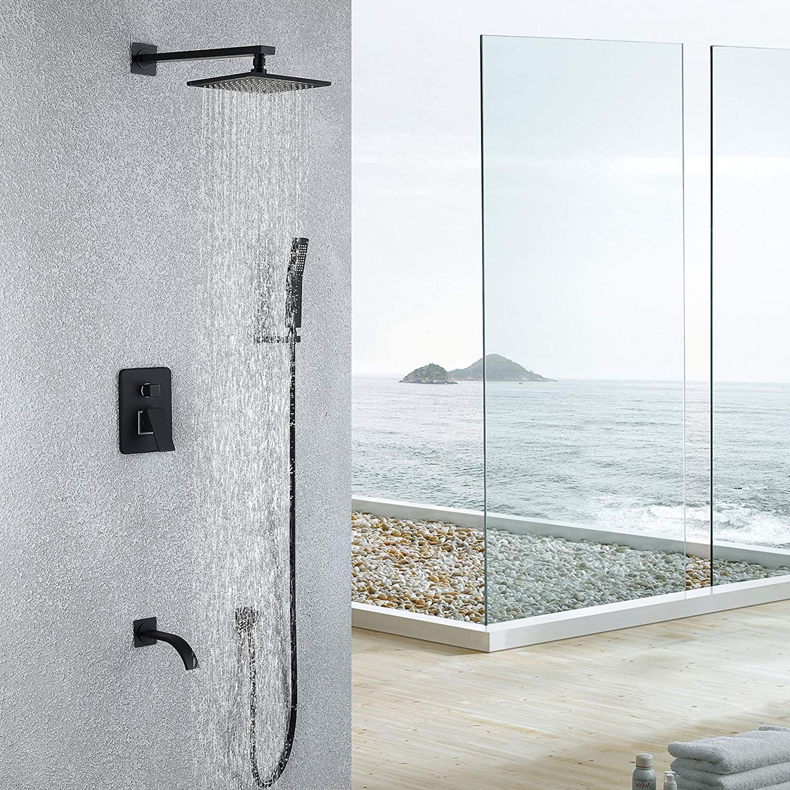 Juegos de grifos de Ducha Negros, Grifo de bañera con Cabezal de Ducha de Lluvia de 8'', caño de bañera en Cascada y Cabezal de Ducha de Mano, Sistema de bañera de baño montado en