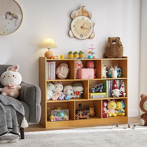 Miniatura 5 de Estantería de 3 niveles, estantería de madera de 8 secciones, organizador de almacenamiento con dispositivo anti-inclinación, gabinete de