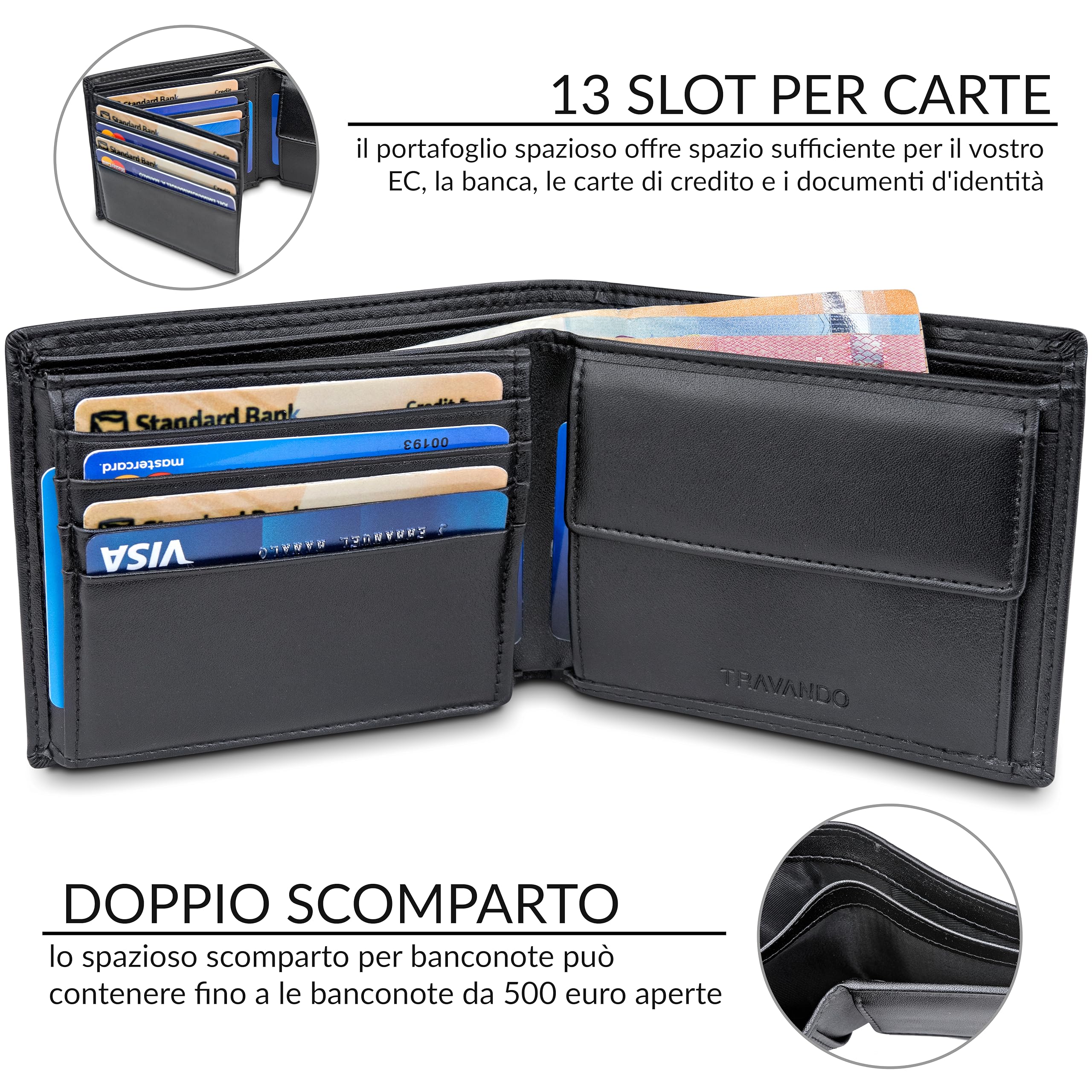 TRAVANDO Portafoglio Uomo Grande OSLO con protezione RFID Porta Carte di Credito nero con Portamonete Borsellino Portafogli in formato Verticale Porta Banconote Wallet Porta monete Regalo