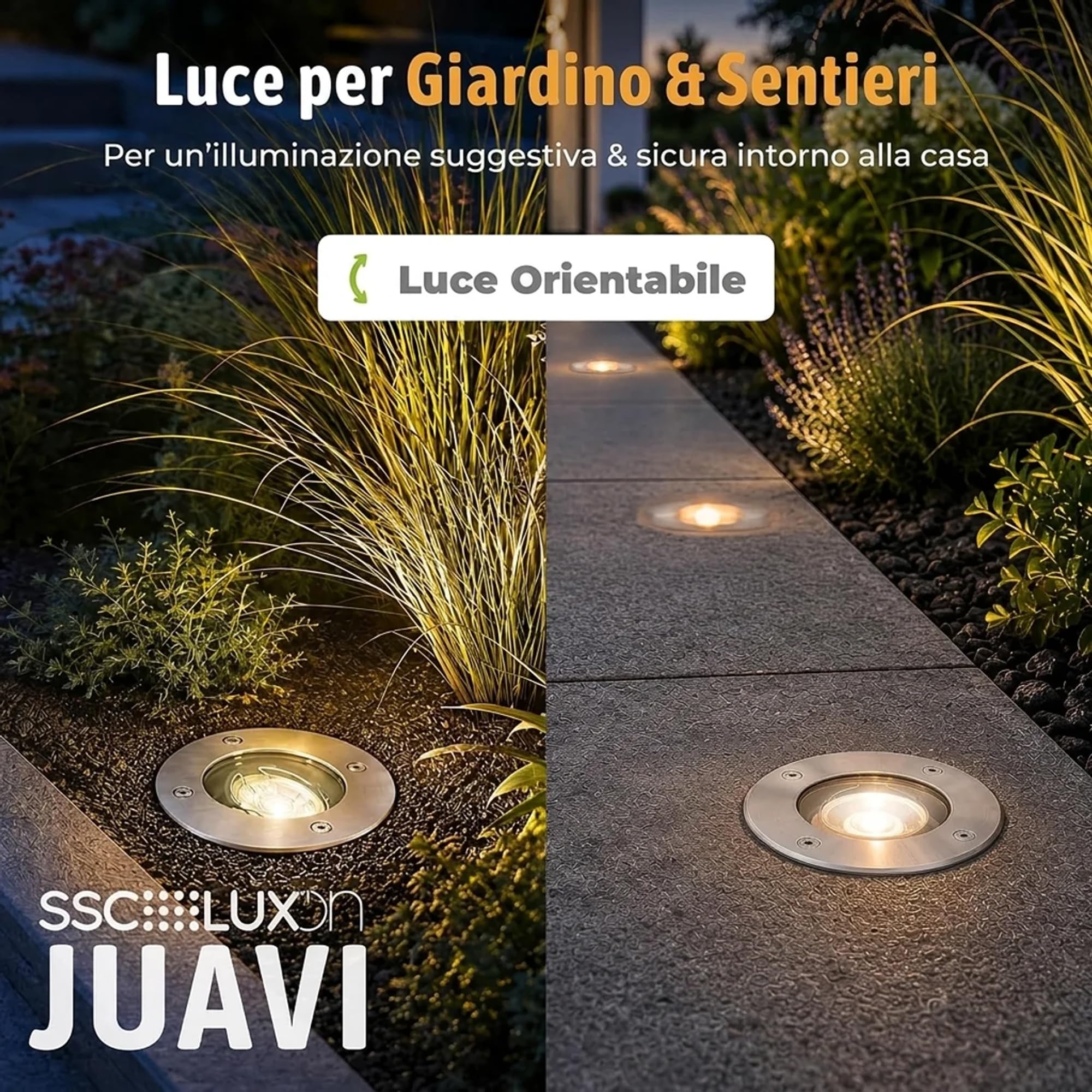 SSC-LUXon JUAVI Argento Tondo - 4 Faretti Incasso GU10 IP67 Esterno | segnapasso orientabile, carrabile fino a 2000 kg, doppio vetro satinato e trasparente, attacco GU10, senza lampadina