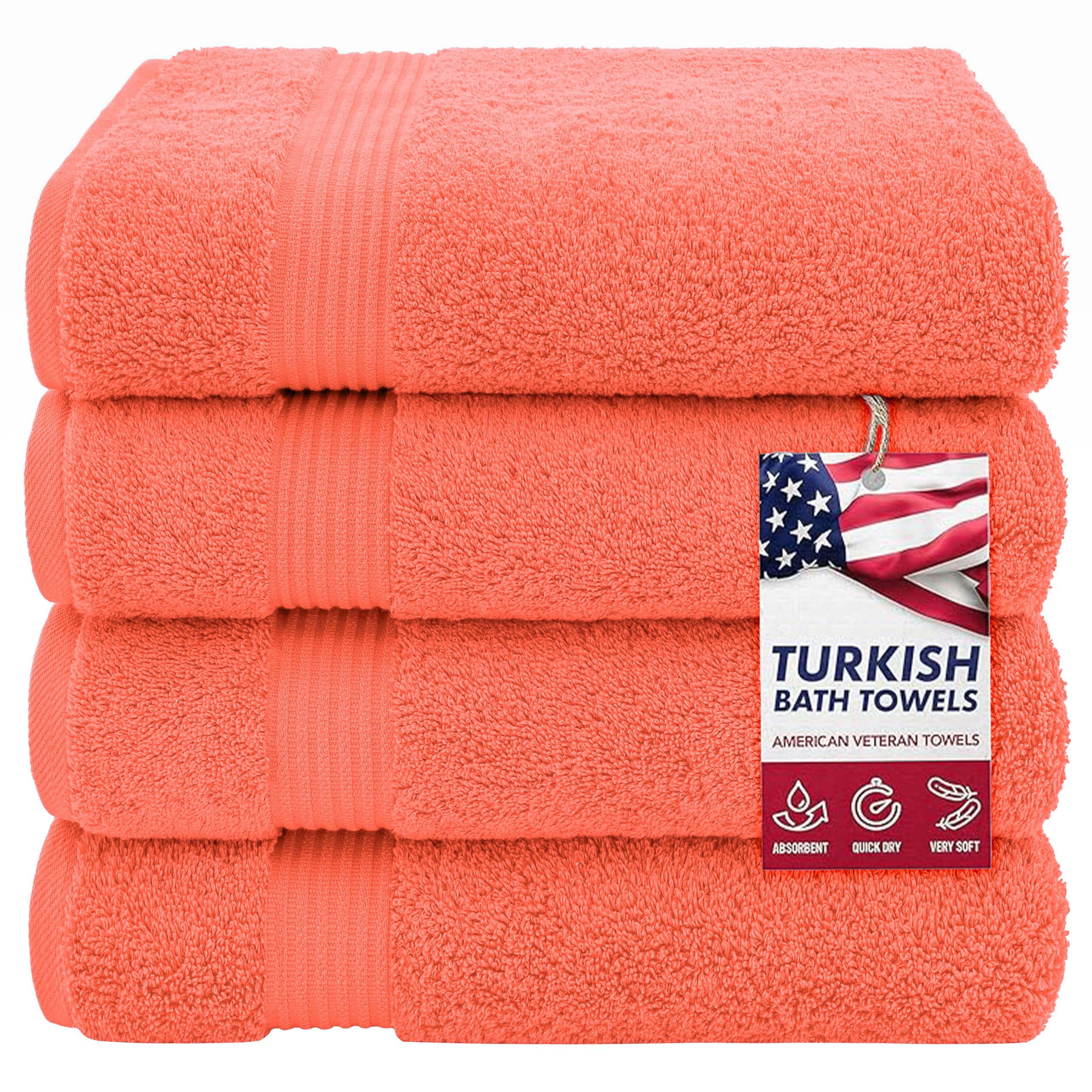 American Veteran Towel, 100% Cotton Turkish Bath Towels for Bathroom 4 Pack, 27x54 Extra Large Premium Soft Drying Bathroom Towels, Coral