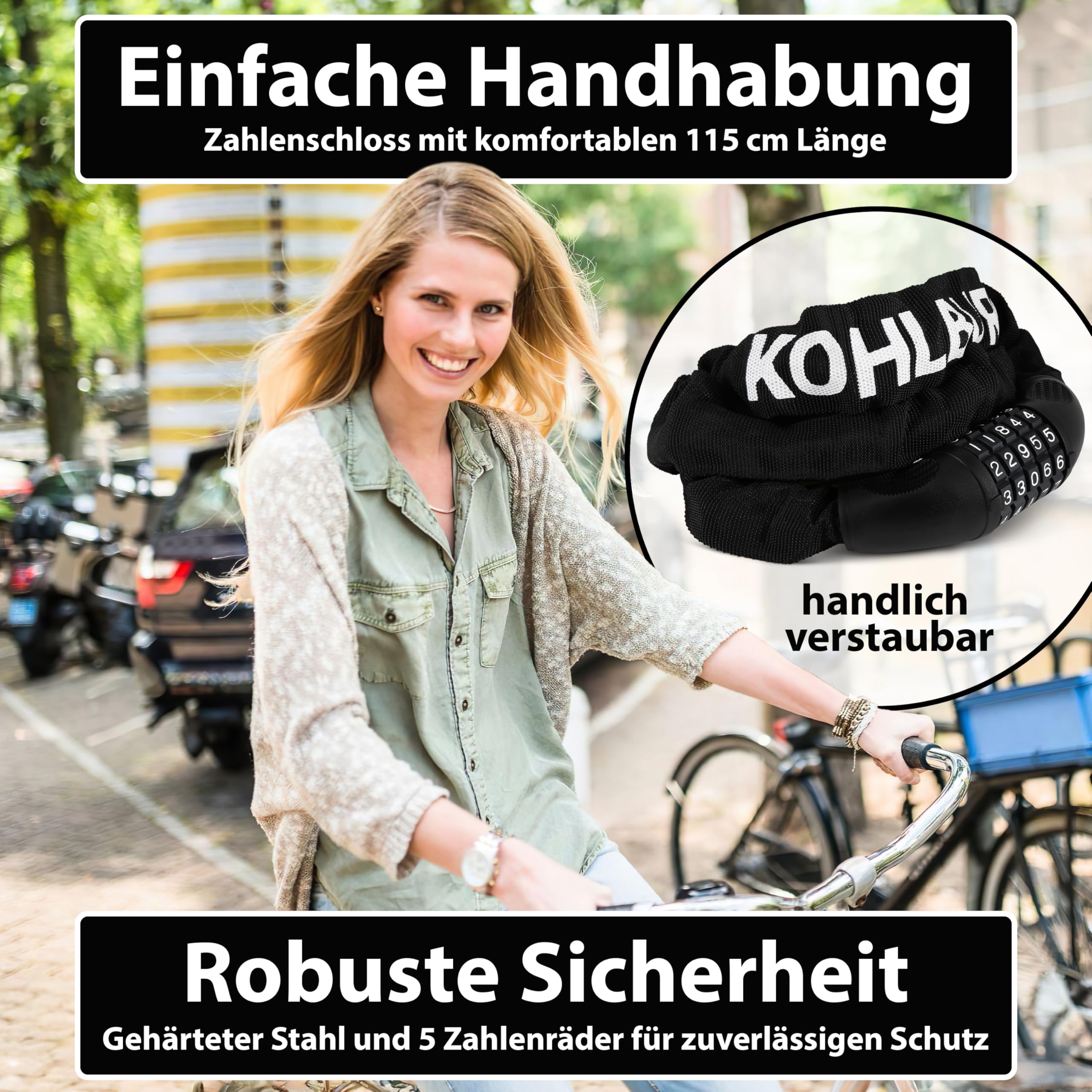 KOHLBURG sehr langes Fahrradschloss Zahlenschloss 115cm & 6mm starker Stahl - Fahrrad Schloss mit Zahlencode - Kettenschloss mit Zahlen Kombination für Fahrrad E-Bike & e Scooter - Code Bike Lock