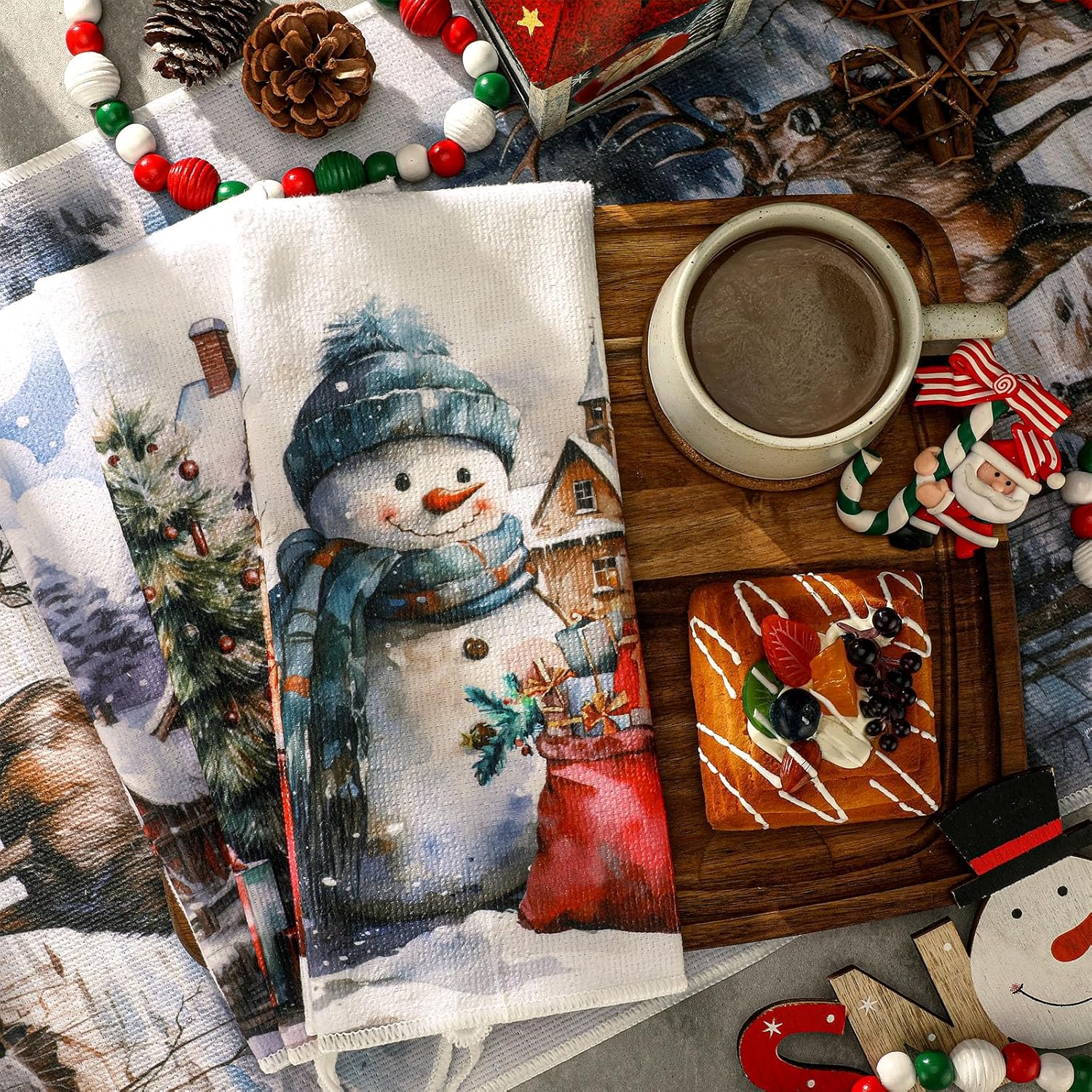 Bencailor 6 Pcs Winter Kitchen Towels 16 x 24 Inches Decorative Snowman Truck Tea Dish Dishcloths Winter Holiday Drying Cloth Hand Towels(Retro Color,Snowman) - Image 7