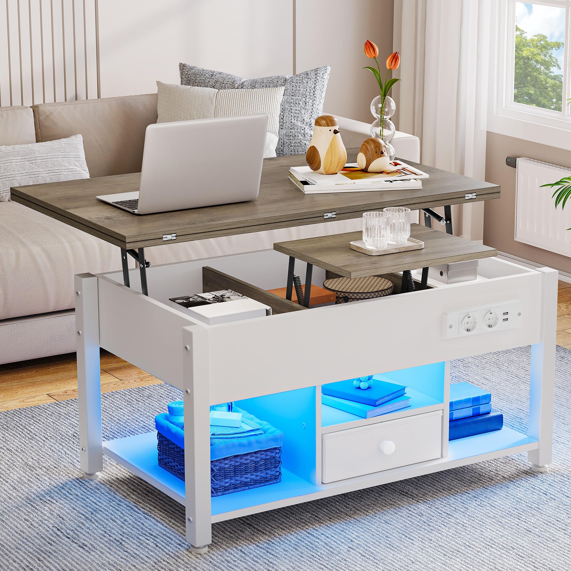 YITAHOME Tavolino con altezza regolabile, tavolino multifunzione 4 in 1 con spazio di archiviazione e illuminazione a LED, tavolino da caffè si trasforma in un tavolo da pranzo per il soggiorno