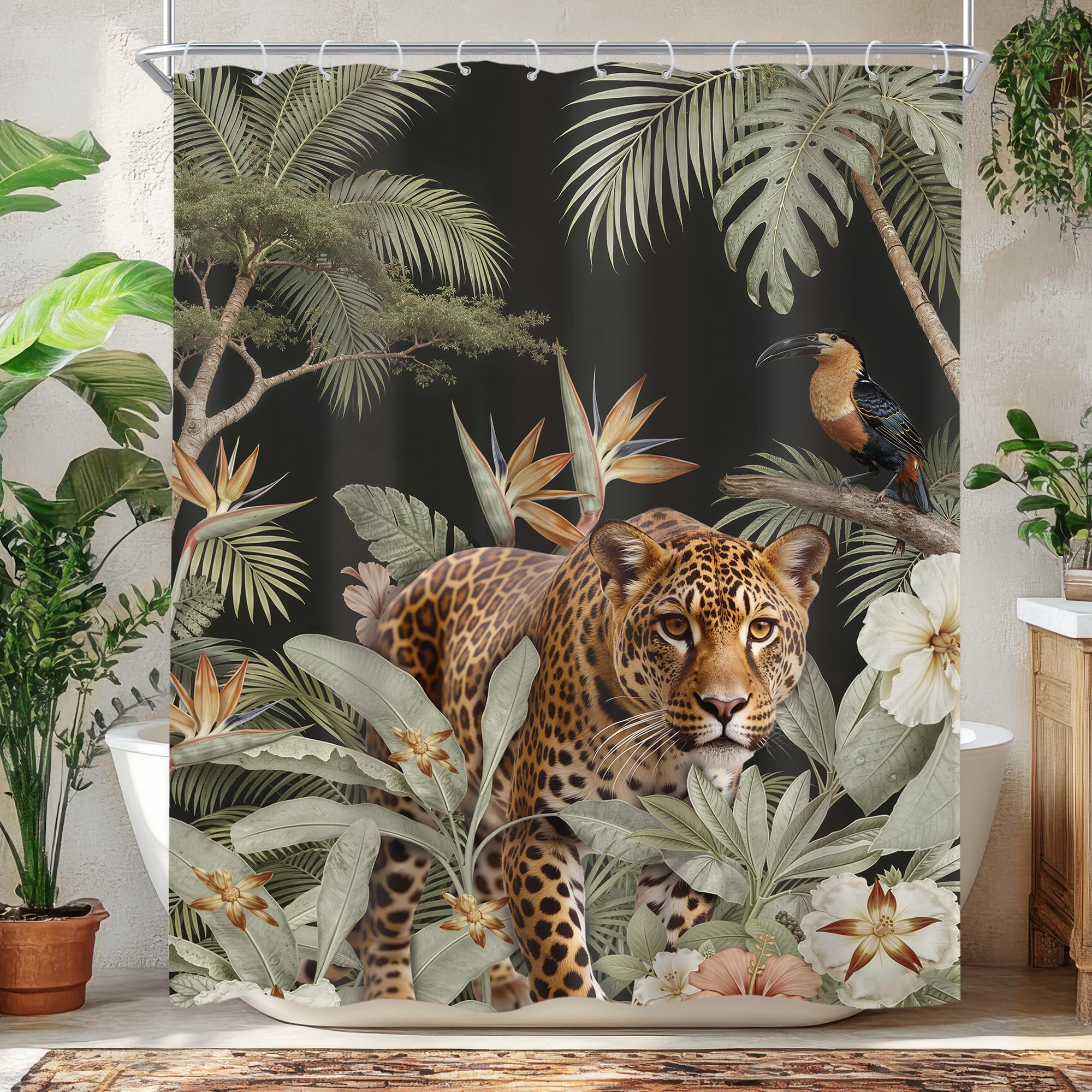 Palm Leaves Leopard Print Cheetah Tropical Bathroom Shower Curtain Set — image 1