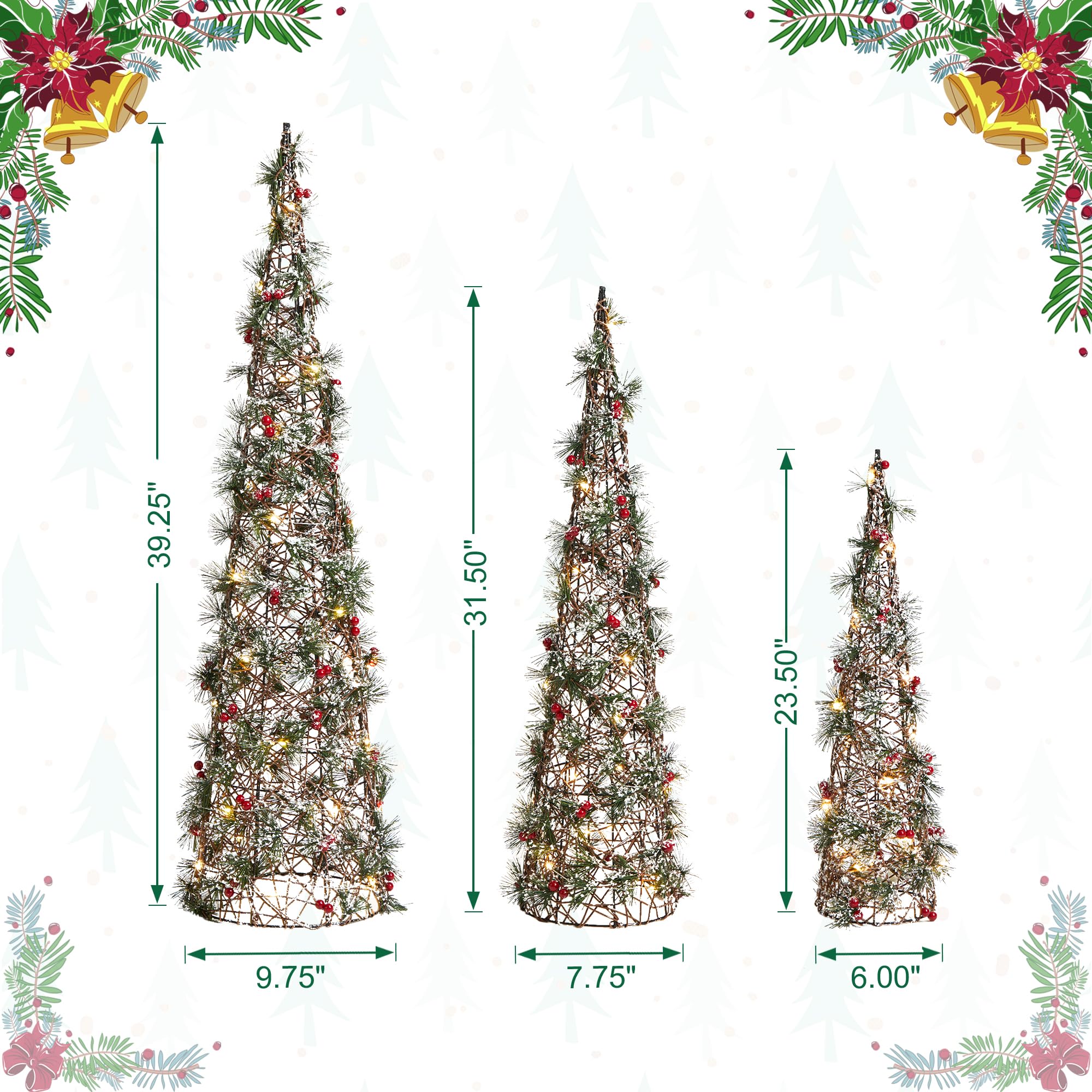 Amazon.com: Glitzhome Set of 3 Lighted Christmas Cone Trees, Xmas
