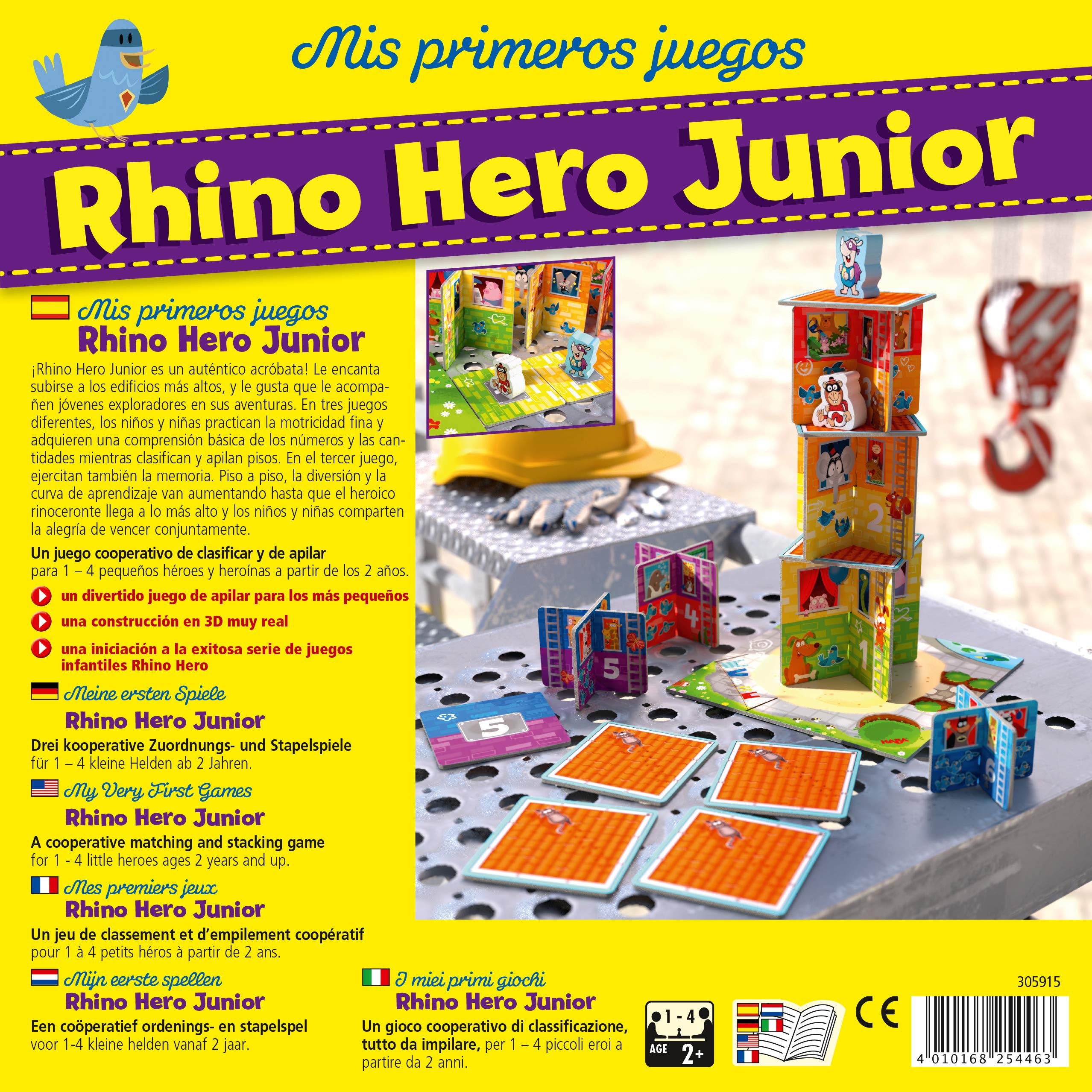 HABA Rhino Hero – Juego De Mesa De Apilamiento 3D Para 2 A 5 Jugadores, A Partir De 5 Años, Con Figura De Rinoceronte De Madera, Fomenta La Motricidad Y La Coordinación