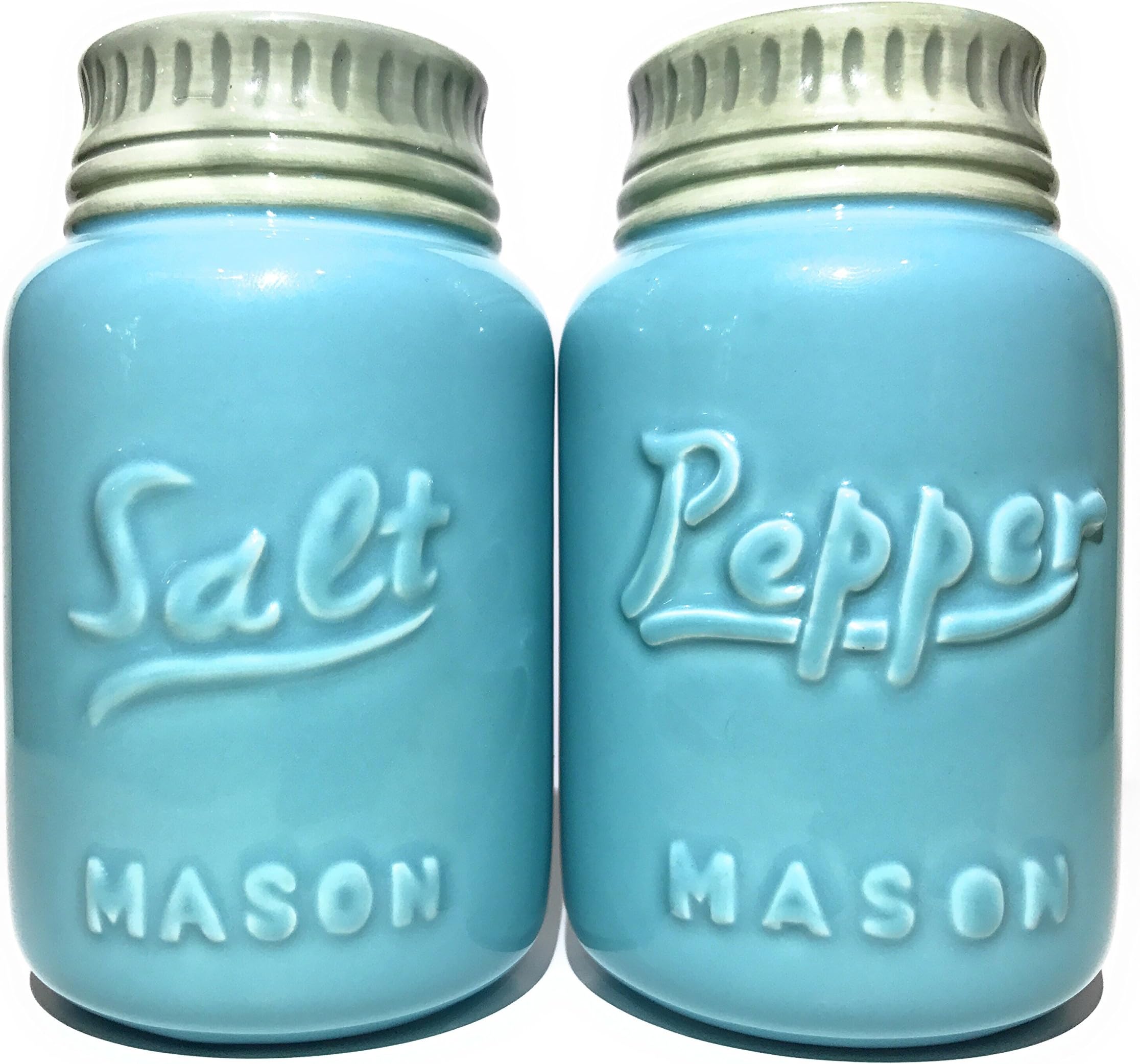 Rustic Ceramic Mason Jar Salt and Pepper Shaker Set - Vintage Style Blue - Retro Antique Farmhouse Decor - Nostalgic Country Ranch Home Kitchen Decoration Cabin Coffee Shop Cafe or Diner Shabby Chic