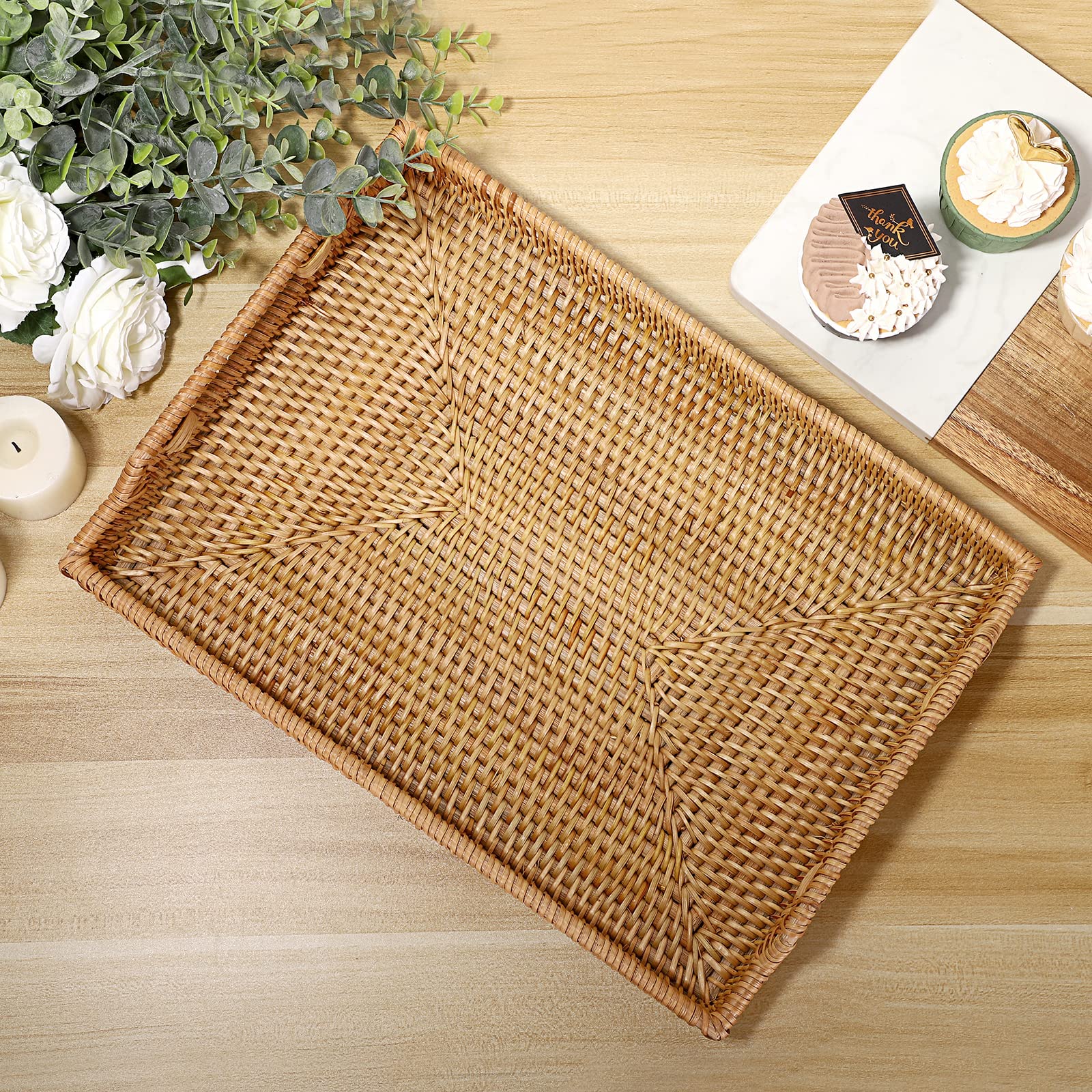 IGNPION Bandeja de ratán para servir para el hogar y el baño, bandeja de almacenamiento tejida con asa, vajilla, cocina, adorno (37 x 27 cm, natural)
