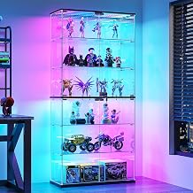 Dystler Display Cabinet with Glass Doors, 70" Tall Clear Curio Cabinet with RGB LED Lights for Collectibles, Figures, Lighted 6-Tier Glass Display Case for Living Room, Black