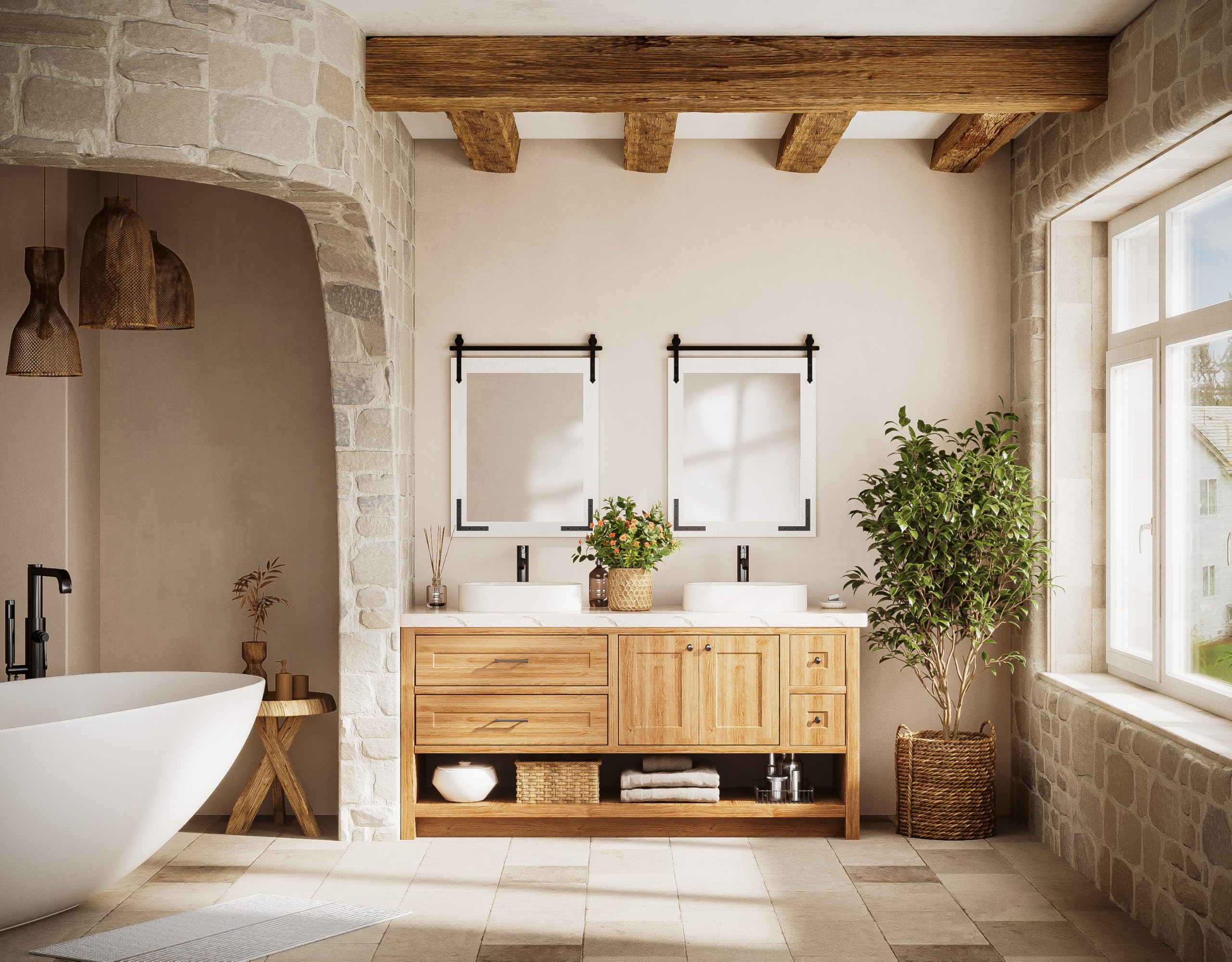 TETOTE Specchio da parete rustico per porta del fienile, 55,9 x 76,2 cm, stile rustico, con cornice in legno bianco naturale, per bagno, soggiorno, camera da letto, ingresso, impermeabile