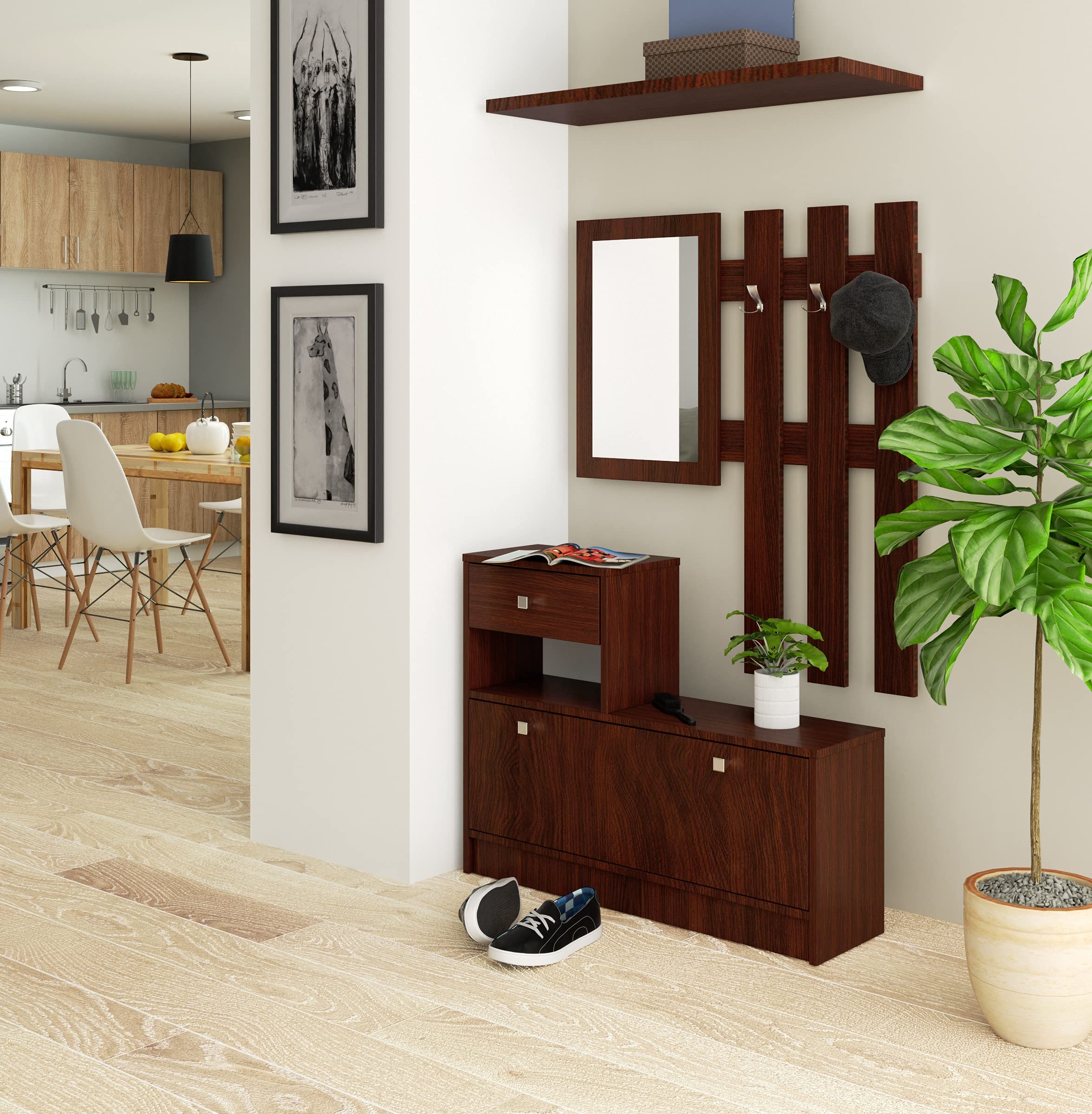 AKORD | Guardaroba Completo 2 Pezzi | Scarpiera con Piano e Cassetto 90 x 70 x 25 cm | e Appendiabiti a Muro con Specchio 90 x 100 cm | Set Completo Ingresso | Peso 39 kg | Wenge