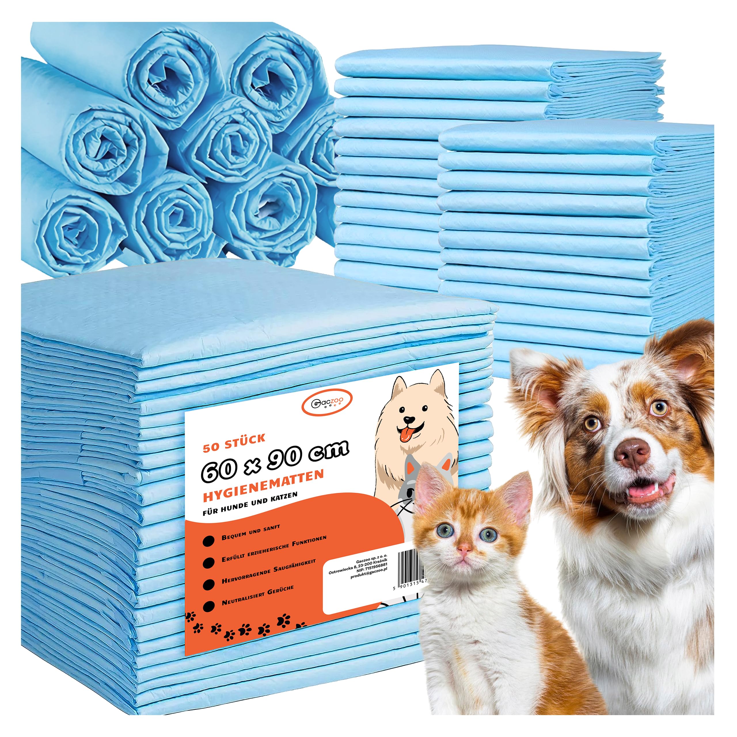 Pipi Matten für Hunde und Katzen - 60x90cm - Welpen unterlagen - Einweg Trainingspads, mit Gel-Absorber, Auslaufsicher, Weich & Geruchshemmend - Aufgenommene Flüssigkeitsmenge 350ml, 50 Stück