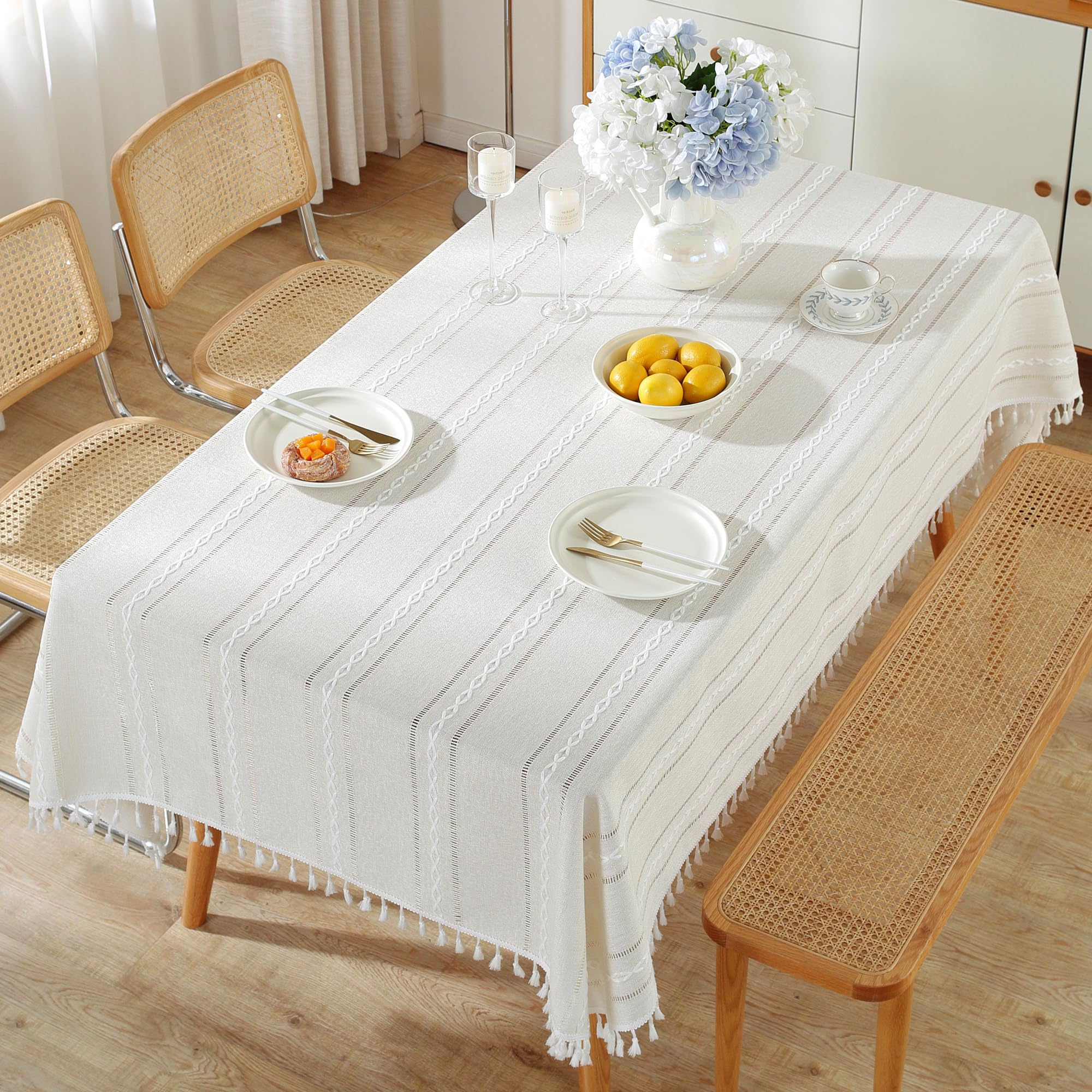 Pahajim Mantel Mesa Rectangular Mantel Antimanchas Impermeable Algodon Lino Borla para Cocina Comedor Mesa Buffet Mantel de la Tabla（Blanco,Rectangular/Oval,140x180cm）