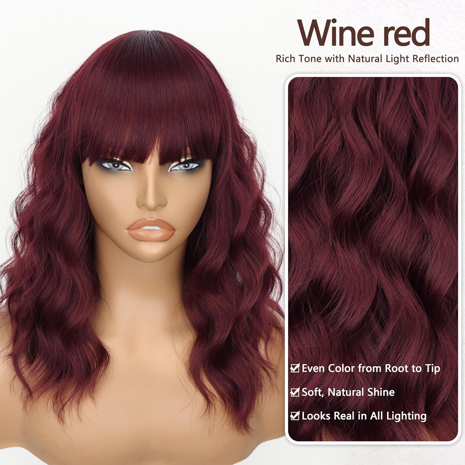 Nnzes Bob Curly Wig Synthetic Short Wine Red Wig with Bangs Natural Looking Heat Resistant Fiber Hair for Women