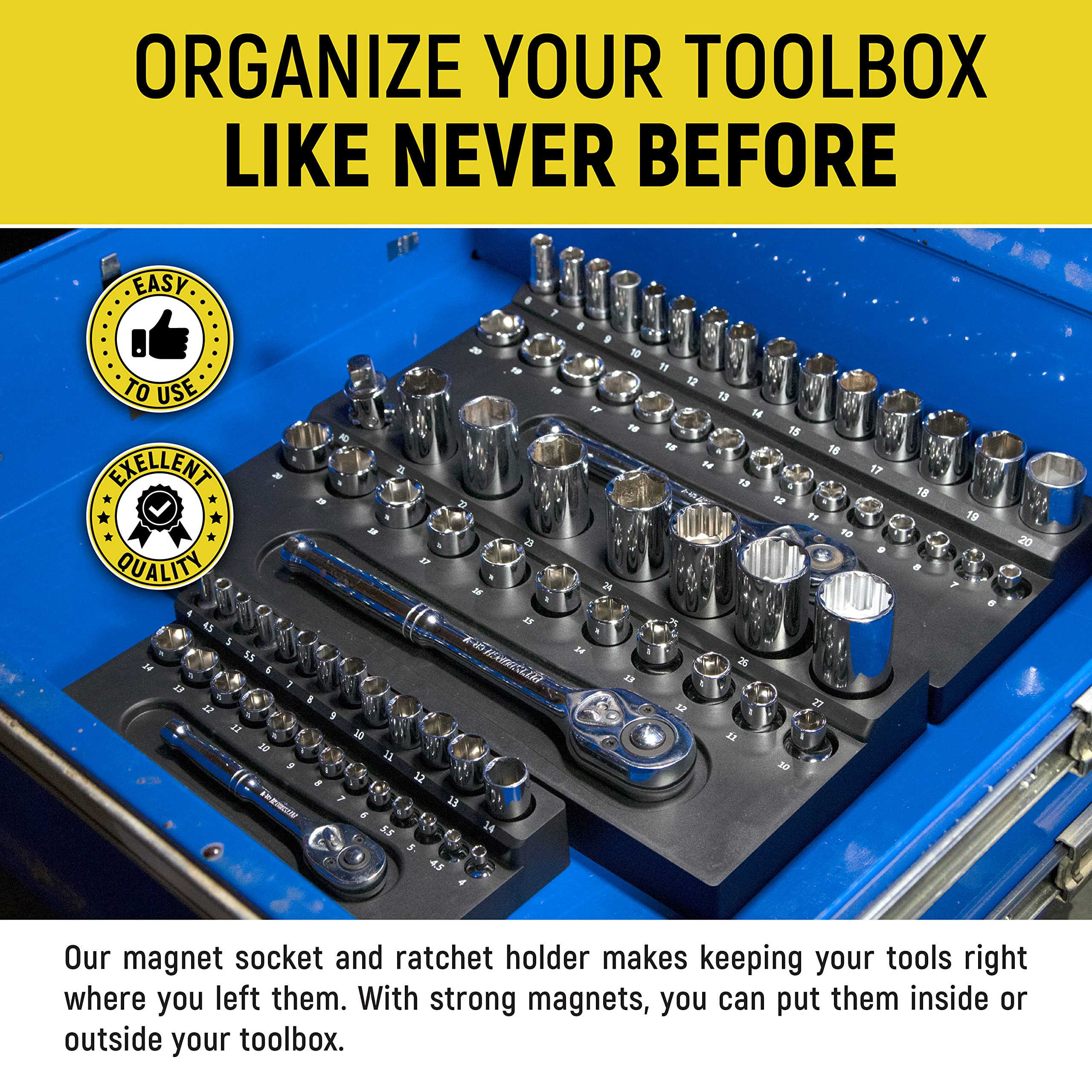 Tool Baggy Magnetic Socket Toolbox Organizer - Useful Ratchet Holder - 3 Organization Trays 1/2, 3/8, 1/4 Inch Drive - Metric Socket holders - Organizers for Garage Mechanics - Cool Gifts for Men