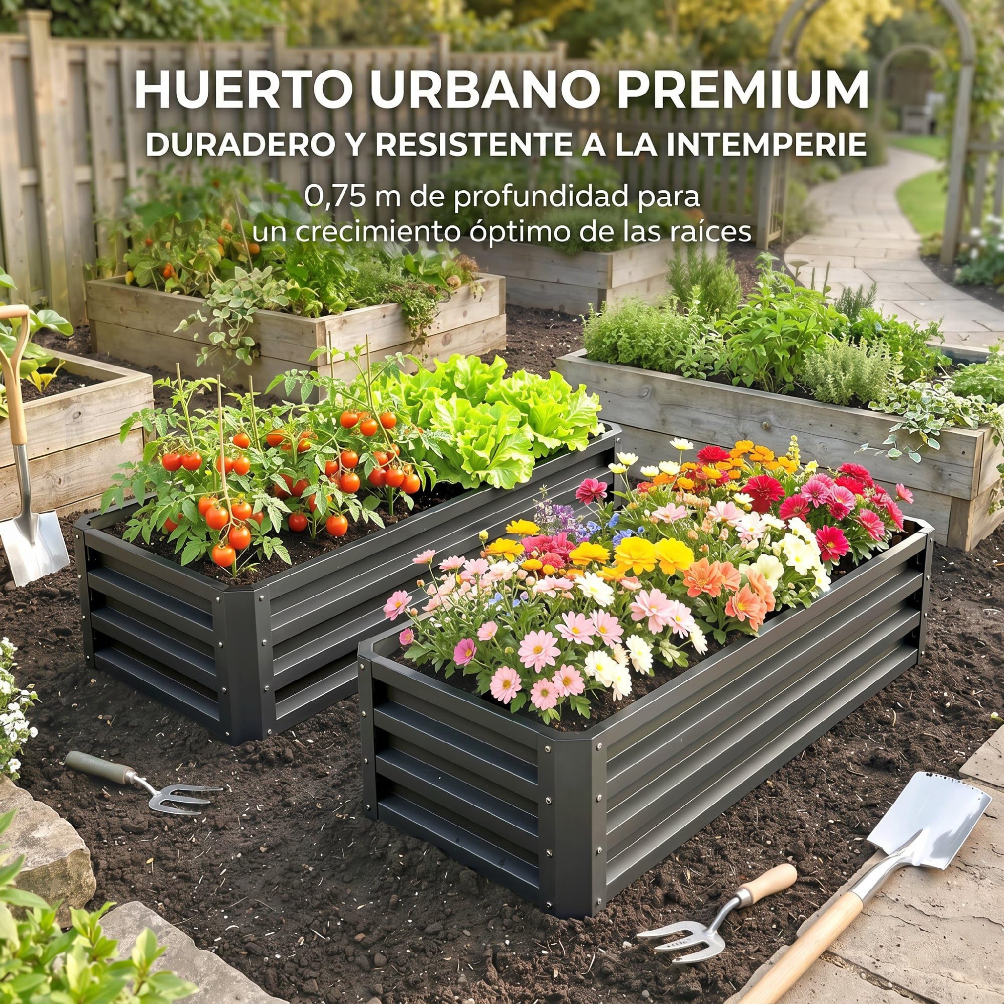 Outsunny Juego de 2 Jardineras Exterior Grandes 110x50x30 cm Gris | Acero Galvanizado, Huertos Urbanos, Maceteros Exterior Elevados, para Plantas, Flores, Resistente a la Intemperie