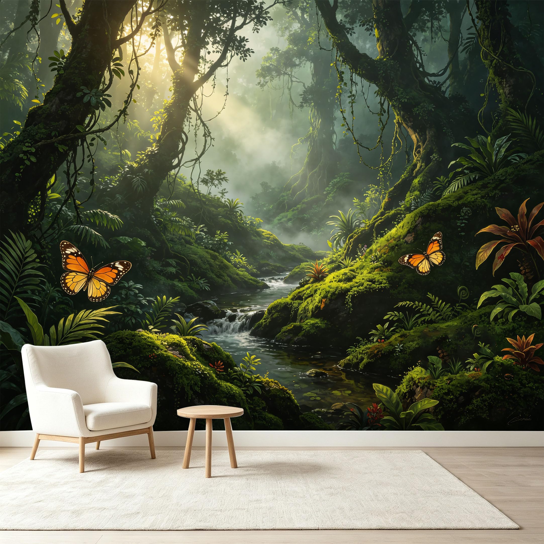 Custom Size Wall Murals Tropical Jungle Rainforest Stream Butterfly Botanical 3D Trompe L'Oeil Self-Adhesive Wall Fabric Removable Wallpaper Wall Decor for Living Room Bedroom Bathroom