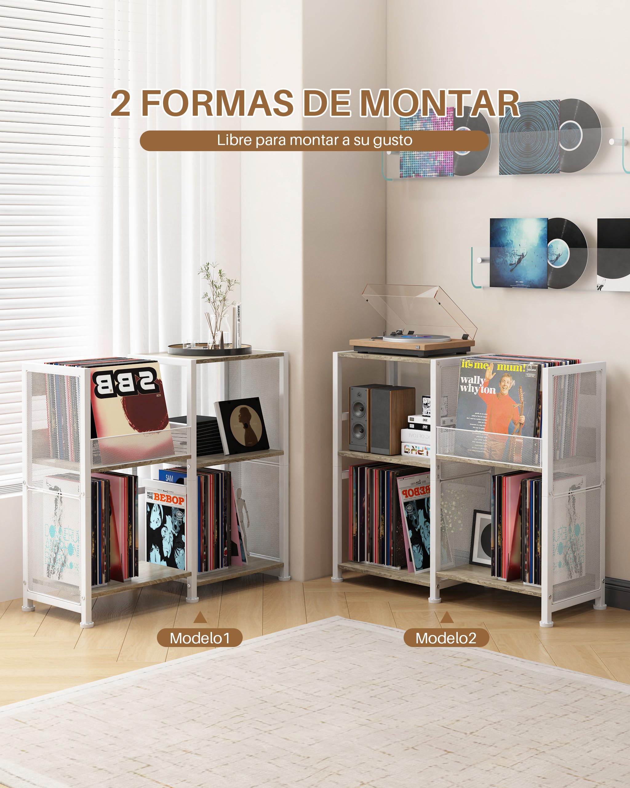 Soporte para tocadiscos, armario de almacenamiento para discos de vinilo | soporte para tocadiscos con espacio de almacenamiento para discos de vinilo para hasta más de 200 álbumes, Blanco