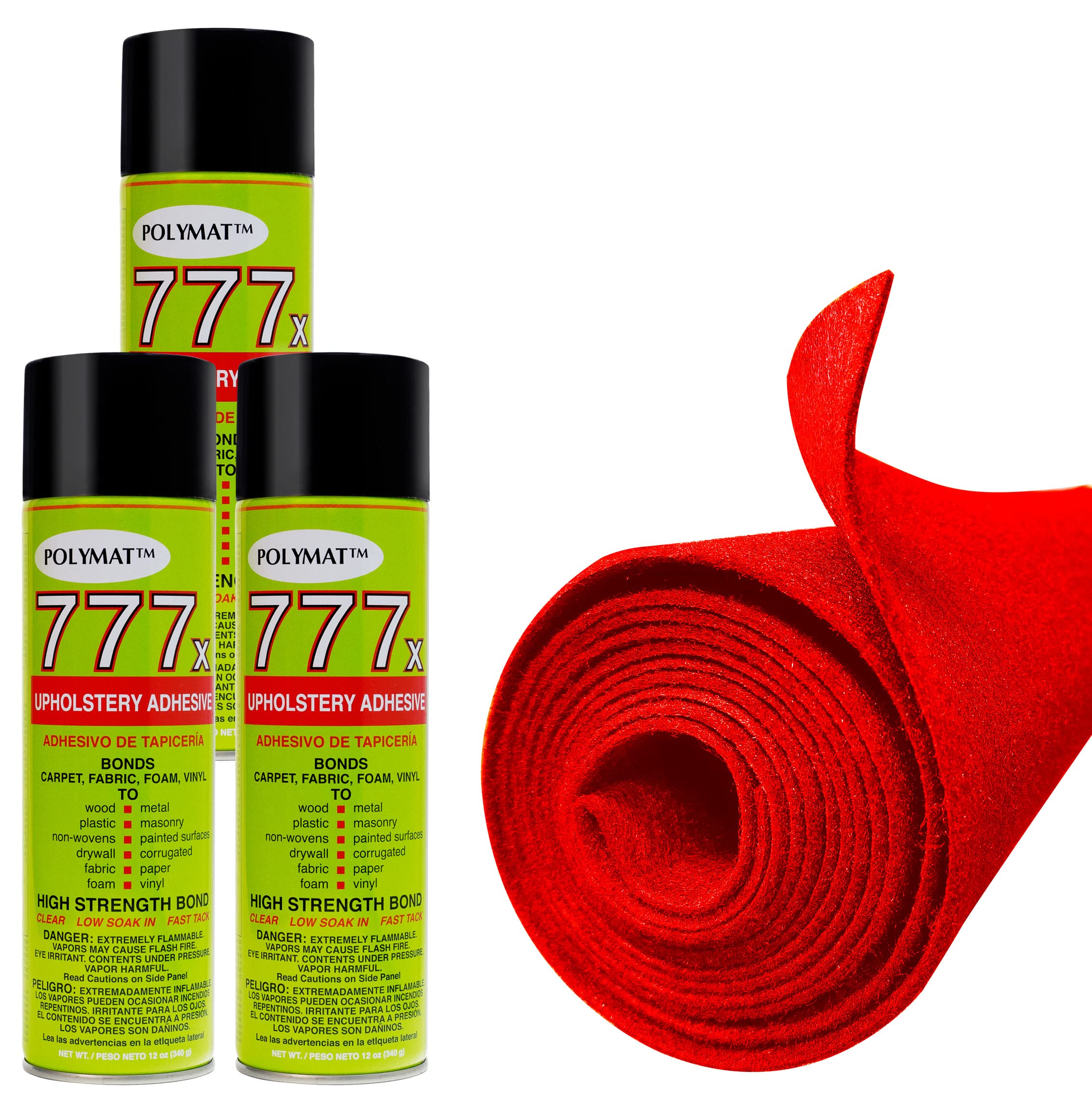 12FT x 3.75FT Red Carpet ROLL + 3 CANS of 777 Glue for Polymat Series 35 Latex Backed Carpet