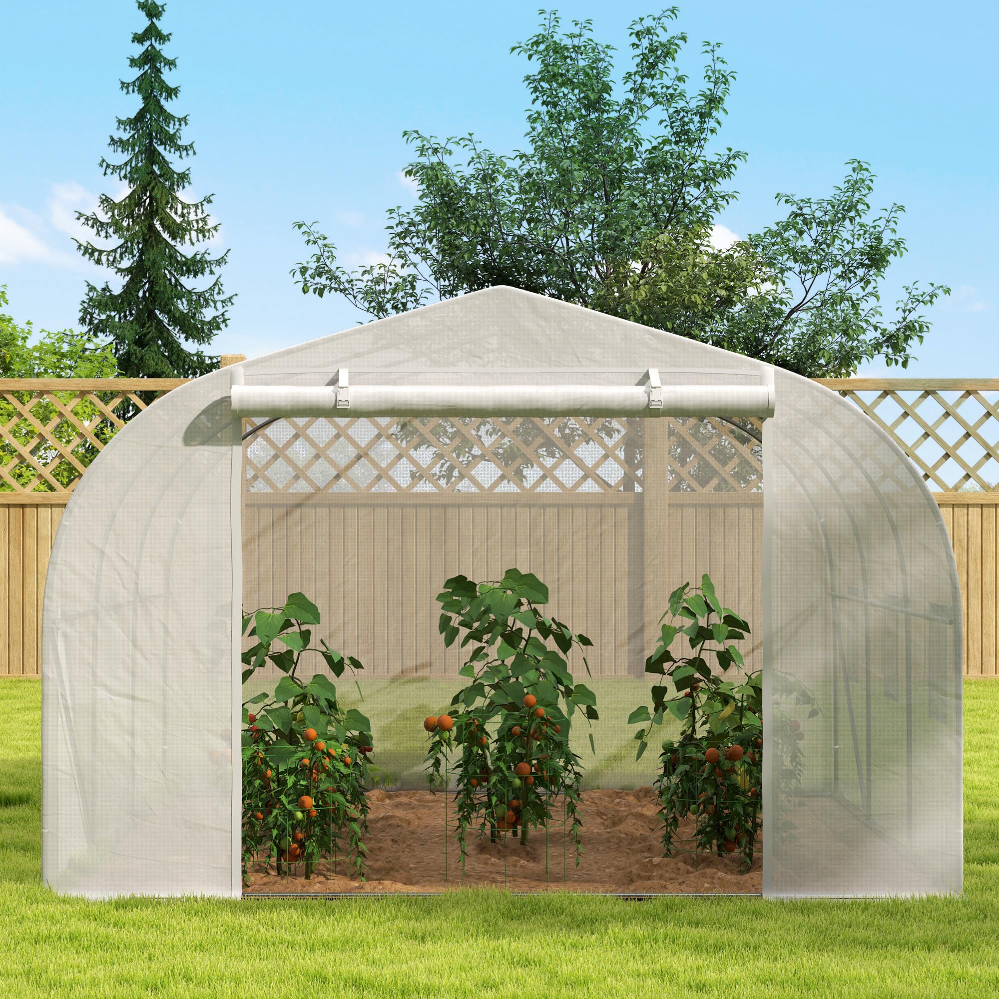 Outsunny Serre de Jardin Serre Tunnel de Jardin dim. 3,5L x 3l x 2H m Porte + 6 fenêtres enroulables Acier galvanisé bâche PE Haute densité Blanc