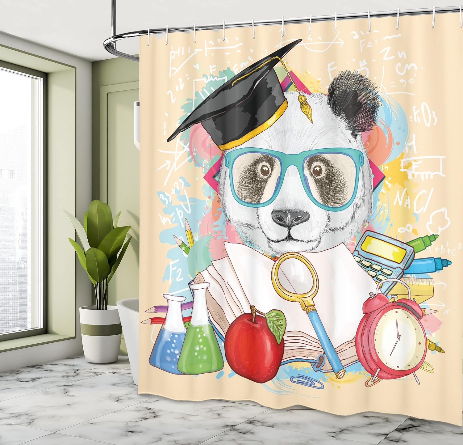 Ambesonne Animal Shower Curtain, Panda Goes to Humor Hipster with Glasses Books Pen Graphic Art, Cloth Fabric Bathroom Decor Set with Hooks, 69" W x 75" L, Multicolor Cream