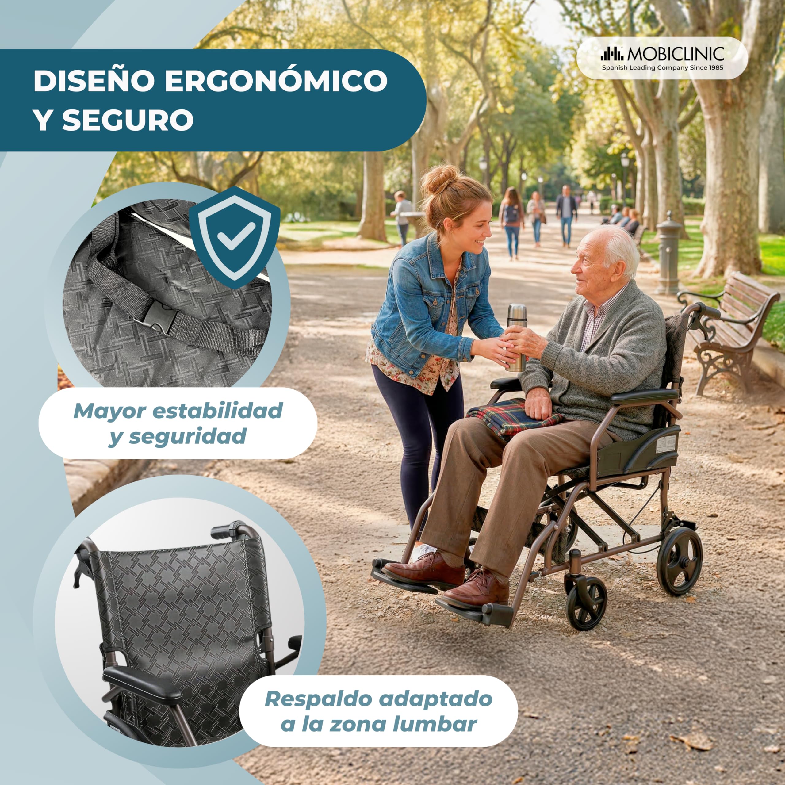 Mobiclinic®, Silla de Ruedas Plegable, de Tránsito, Respaldo y Reposapiés Abatibles, Doble Sistema de Frenado, Reposabrazos Acolchados, Acero, Ligera y Compacta, Kefren