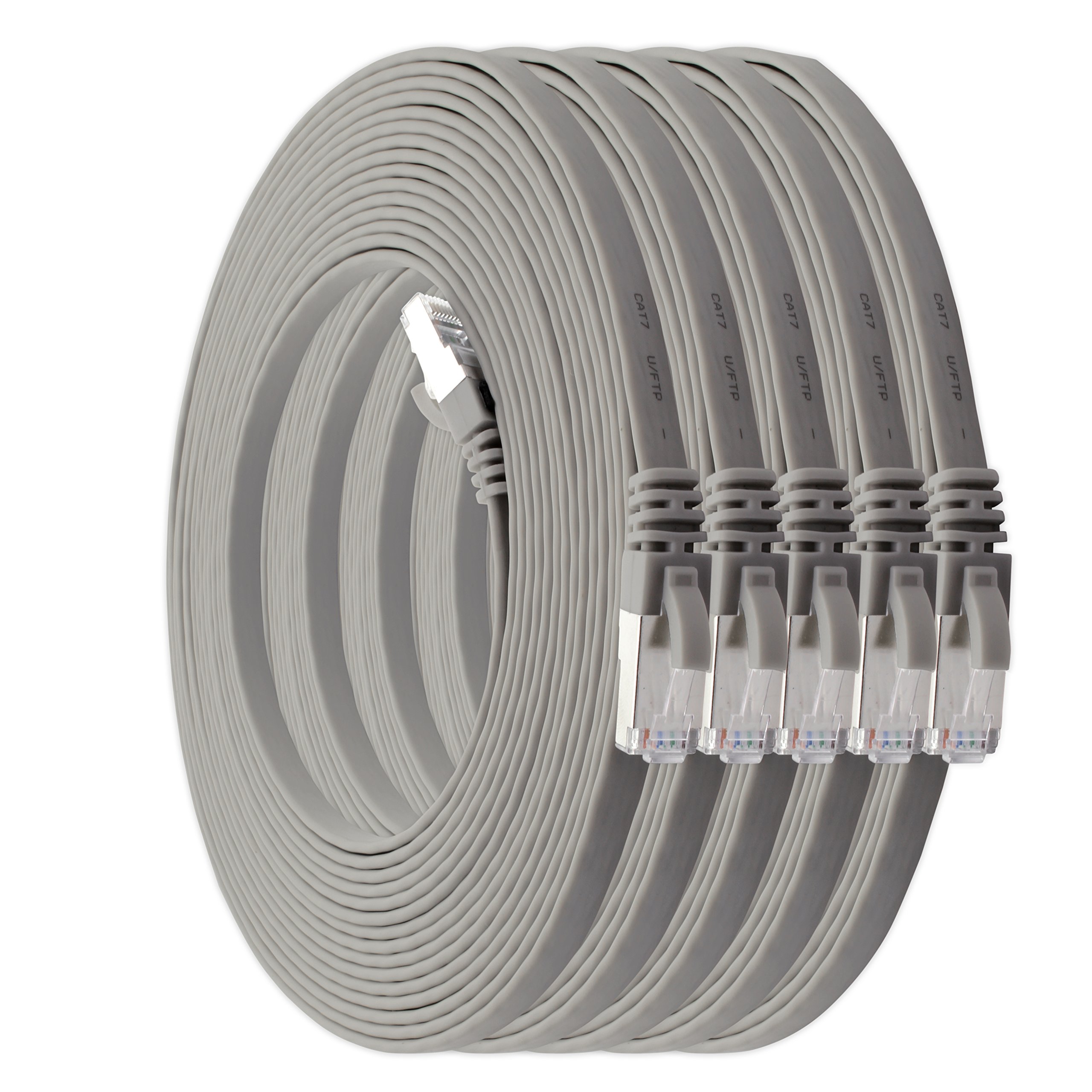 1aTTack.de 5m - grau - 5 Stück Cat7 Flachkabel Netzwerkkabel Cat 7 Rohkabel Gigabit Lan (10Gbit/s) Flachbandkabel Verlegekabel Patchkabel Flach Slim Rj 45 Stecker Cat6a
