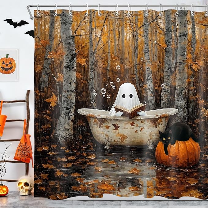 LB Fall Halloween Shower Curtain for Bathroom, Funny Black Cat with Ghost in Bathtub in Fall Forest Fabric Shower Curtain, Harvest Pumpkin Bathroom Shower Curtains Set with Hooks, 72x72 inches