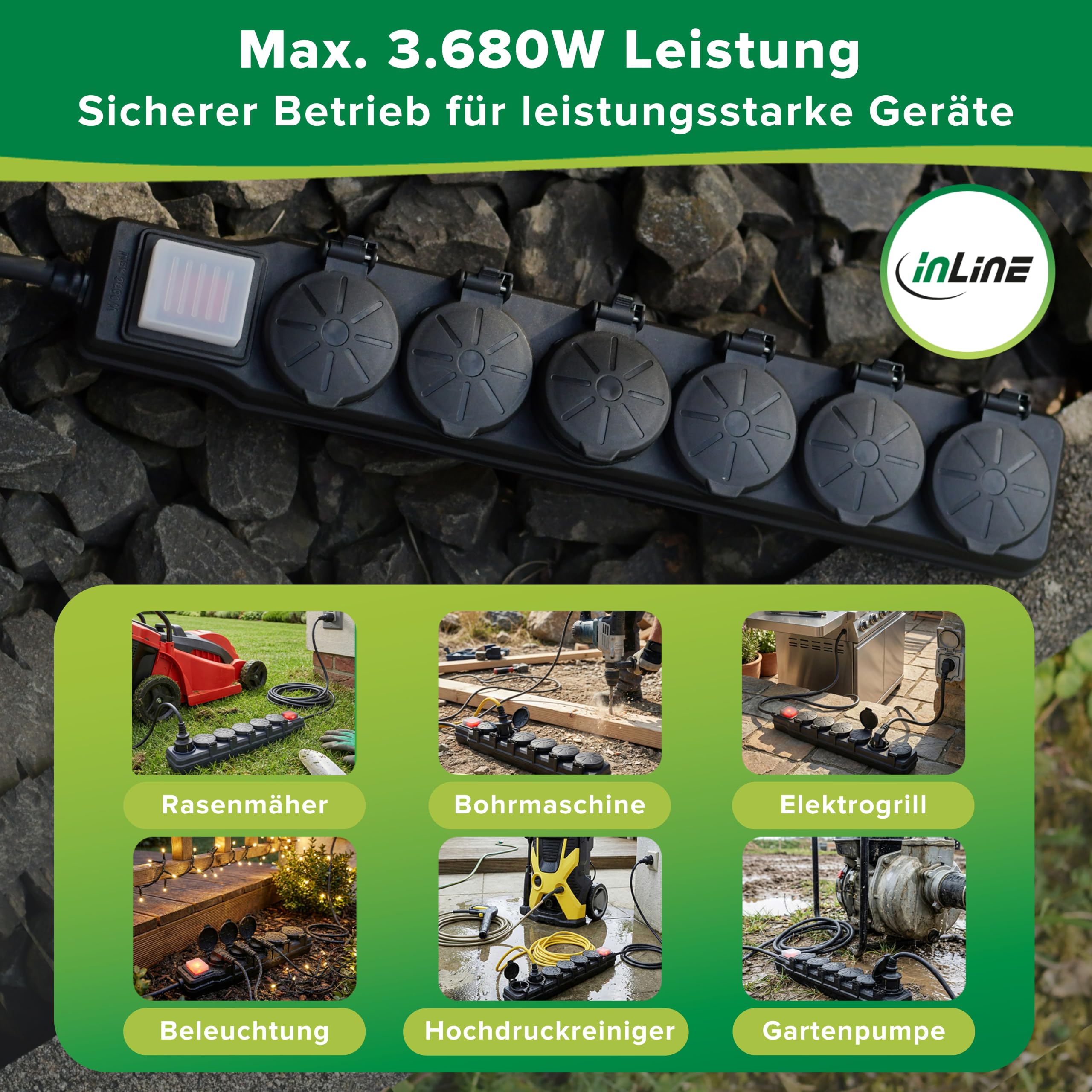 Inline 3-Fach Steckdosenleiste, Außensteckdose, Outdoor, Mehrfachsteckdose, Steckerleiste, IP44, mit beleuchtetem EIN/Aus Schalter, erhöhter Berührungsschutz, Länge: 10m, 16493Q