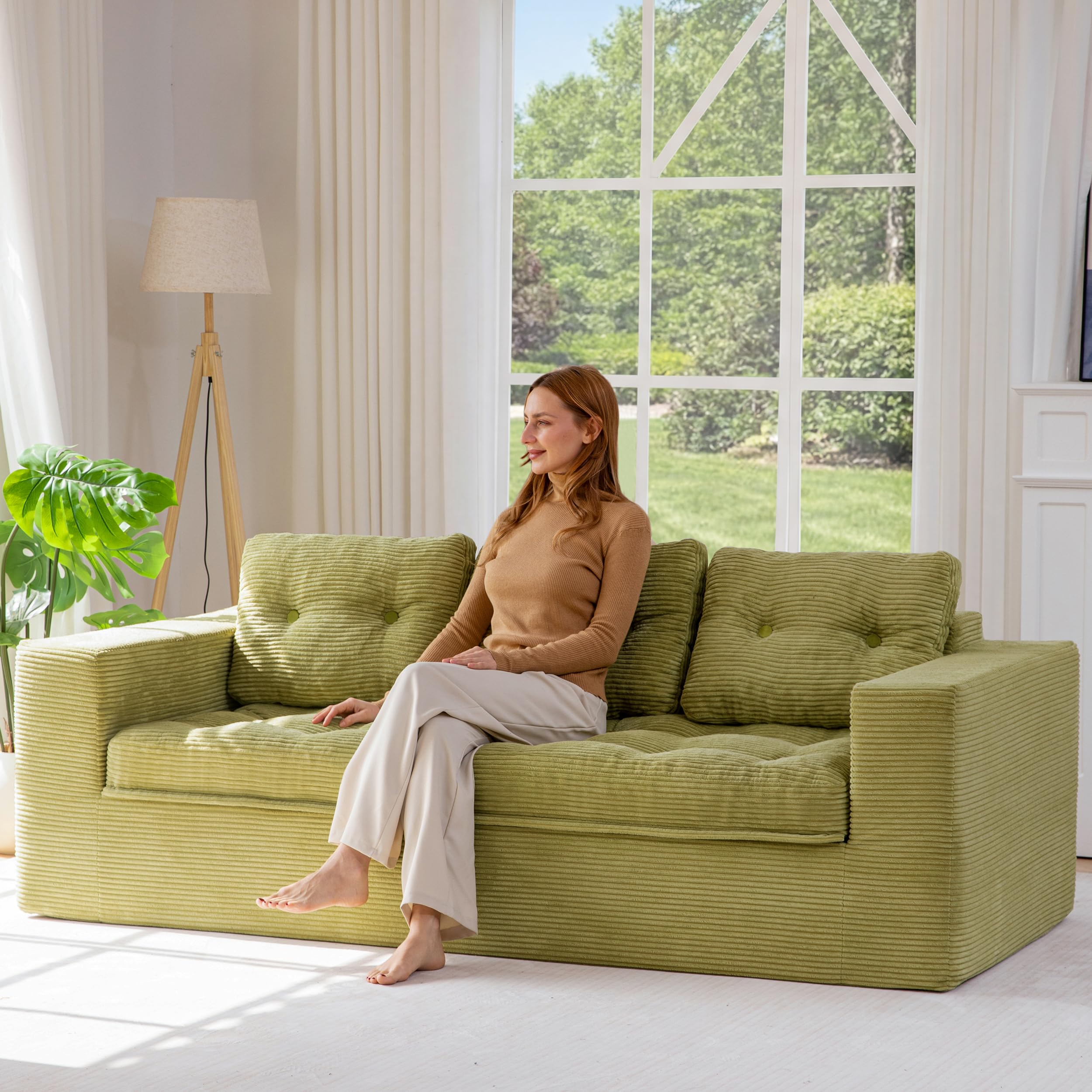 MAXYOYO 79" Loveseat Sofa Couch for Small Spaces, Upholstered Boneless Cloud Couch for Apartment Bedroom, 3-Seater Love Seat Floor Modern Sofa with Pillows, No Assembly Required, Green