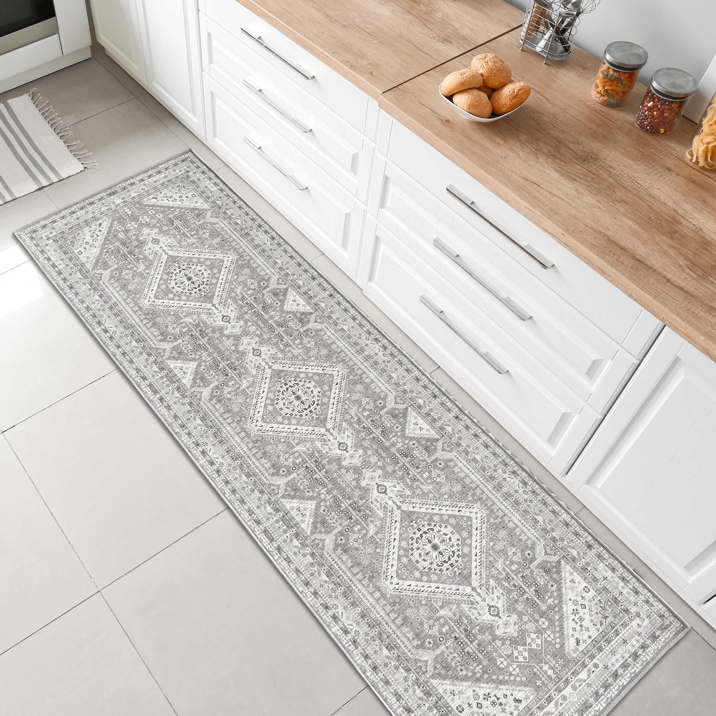 Green Decore Vernal Machine Washable Non Slip Area Runner Rug High Traffic Non-Shedding Rugs for Kitchen Floor, Hallway, Bedside, Laundry Room Runners Persian Design Rugs 76 cm X 243 cm Grey