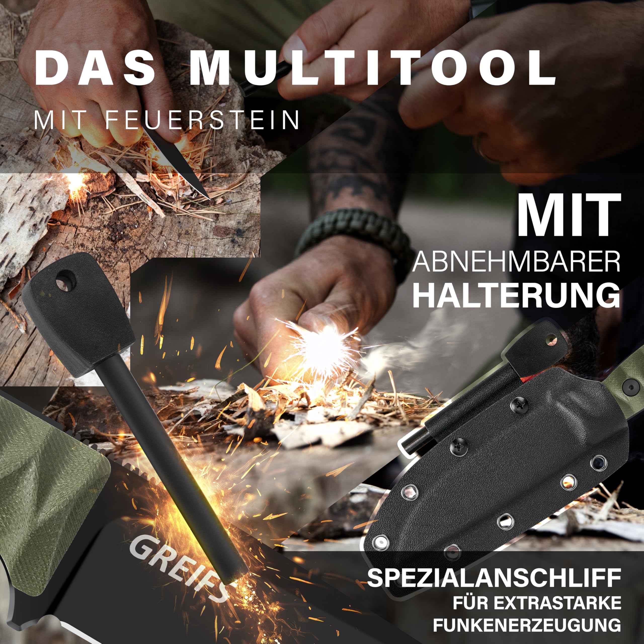 GREIFS® Outdoor-Messer aus D2 Stahl mit Kydex Holster und Feuerstahl, edles Survival Messer für die Bushcraft Ausrüstung, Jagdmesser, Schnitzmesser, Fahrtenmesser (Ranger/Olivgrün)