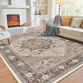 OPPODREAM Soft Area Rugs 5x7, 5x7 Washable Rug with Non Slip Backing, 5 x 7 Faux Cashmere Low-Pile Carpet, Brown
