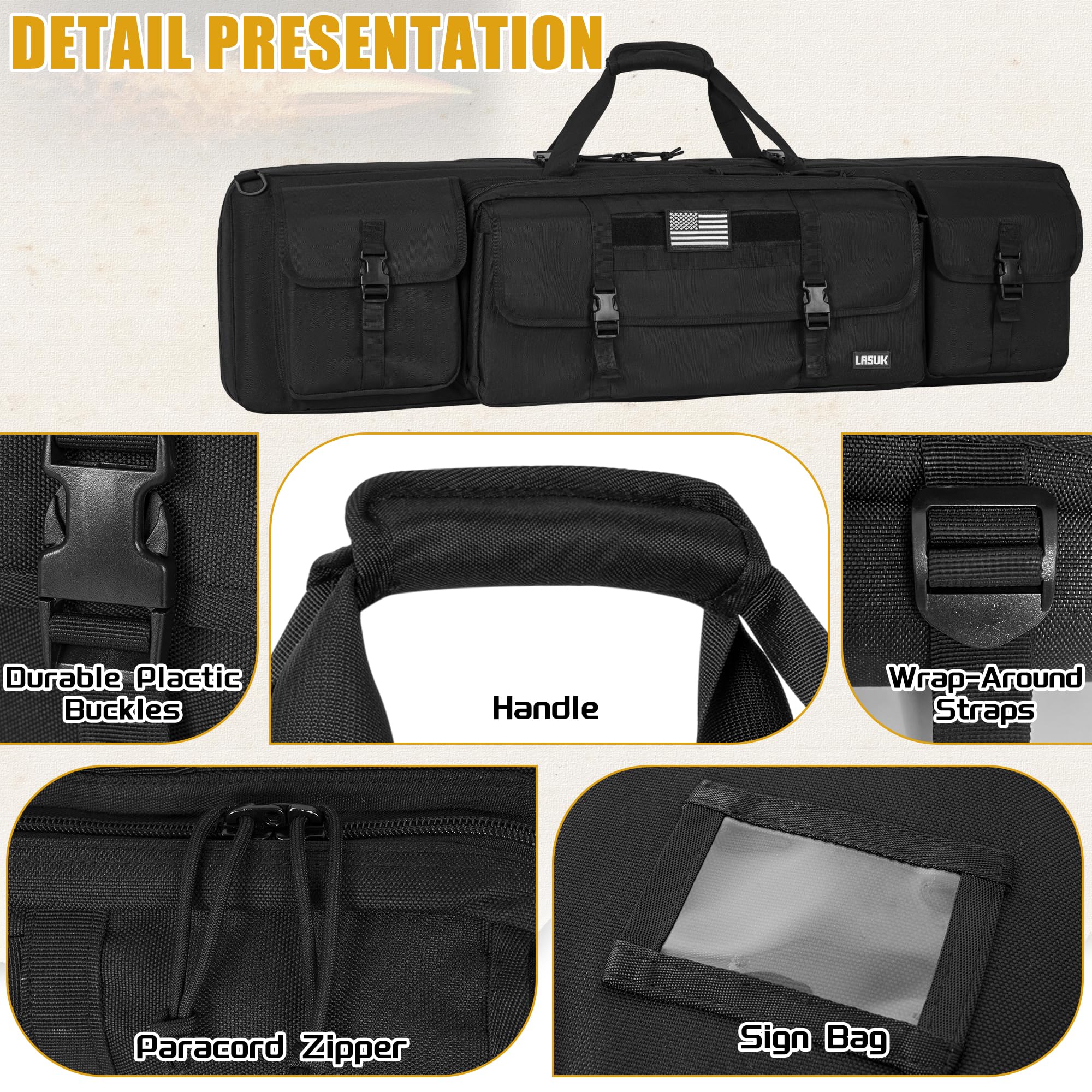 LASUK Double Rifle Backpack Tactical for 36” Rifles Case, Soft Short Rifle Case with 3 Magazine Holders and Molle System, Padded Rifle Backpack for Hunting and Shooting