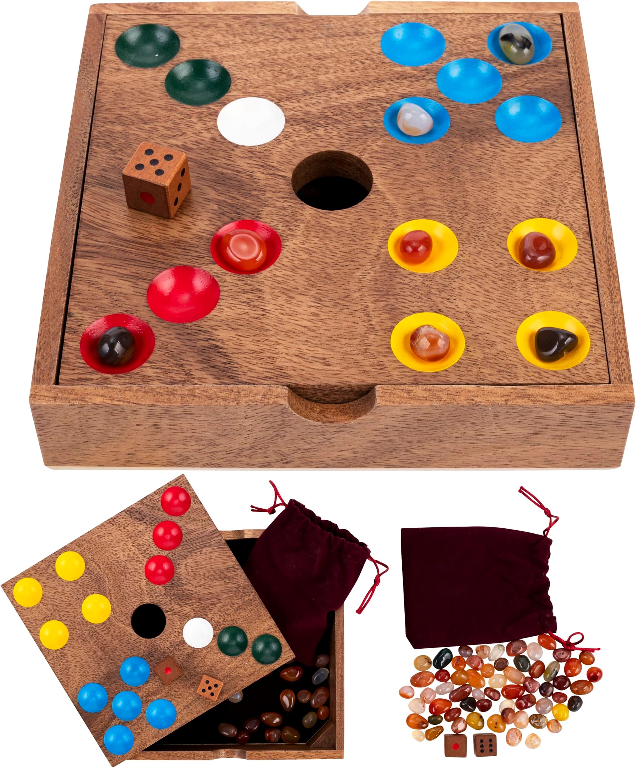 Engelhart -350443 – The Pig Hole/Stones – Strategic Competitive Board Game – Walnut Wood Box 18.3 × 18.3 × 4 cm – 60 Semi-Precious Stones, Dice and Bag – Family Fun Game