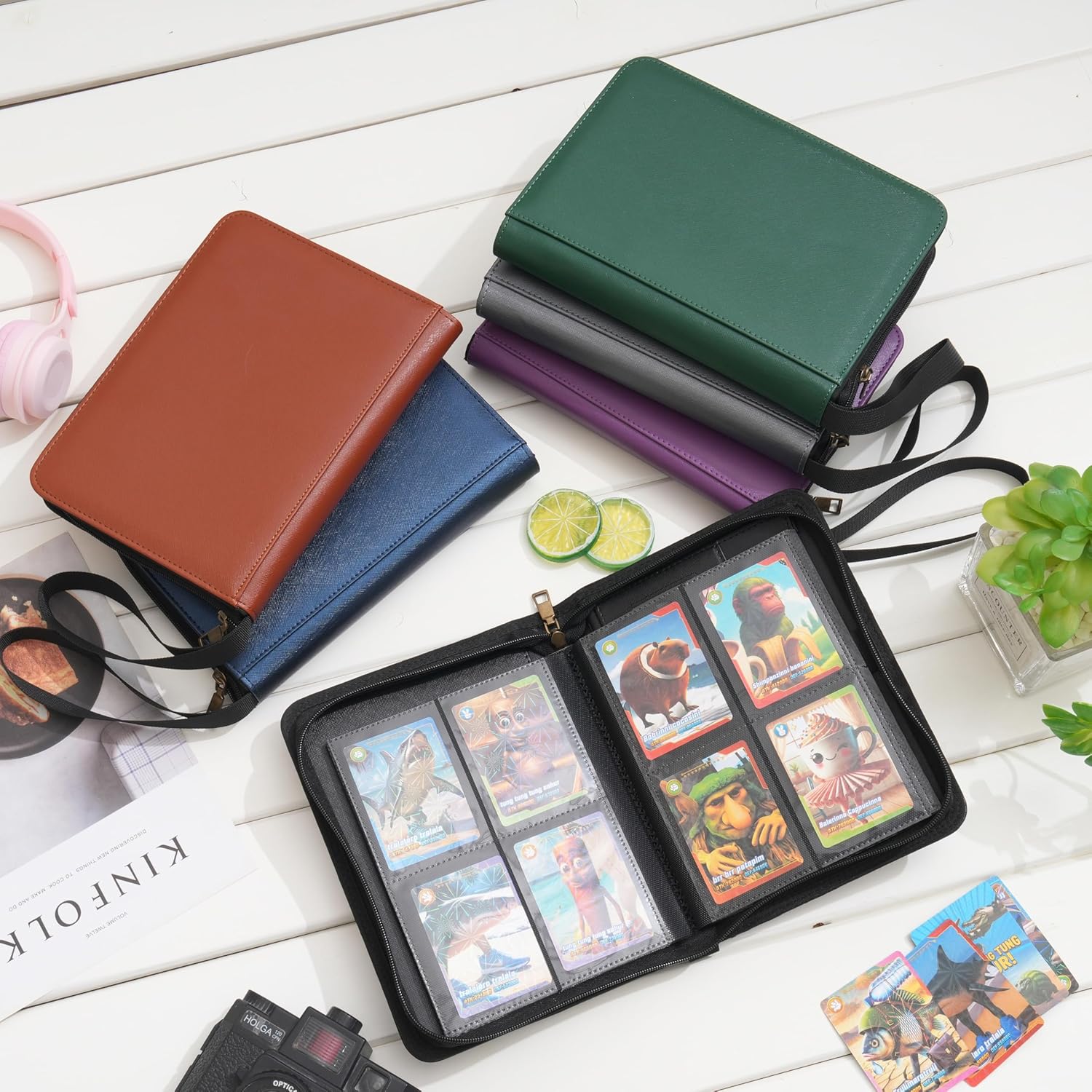 Wonderpool Card Binder A5 Album Zippered 4-Pocket Trading for 240 Cards - Leather PU Card Holder Collection Storage Folder, Side-Loading for Photo Pokemon, MTG, TCG, Yugioh, Sports Cards (Green)