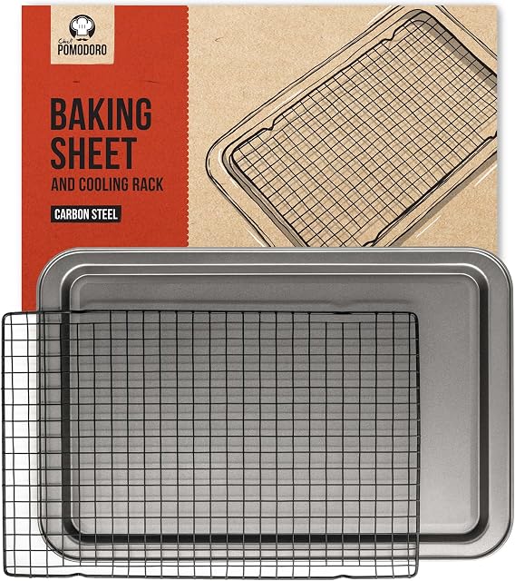 Chef Pomodoro Non-Stick Baking Sheet and Cooling Rack Set, 2-Piece, Carbon Steel Cookie Sheet, Bacon Rack, Oven Safe (18.5 x 12.2")