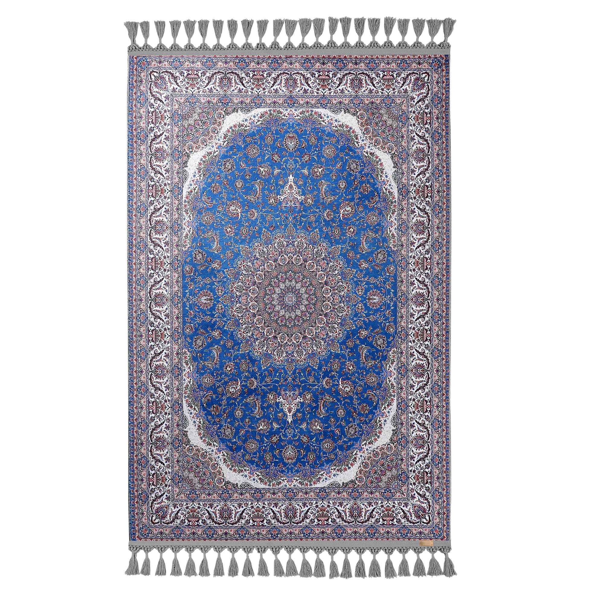 Alfombra de oración turca tradicional con borlas y diseño de medallón azul y blanco