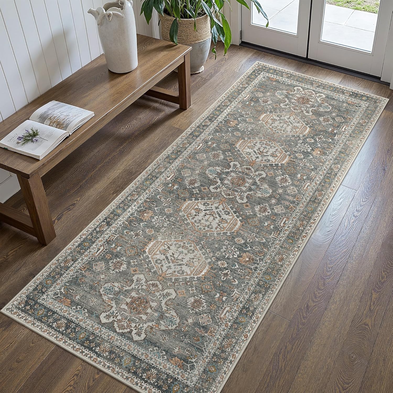 Bavni Washable Runners for Hallways 2X10, Ultra-Thin Non Slip Long Runner Rug, Print Vintage Aesthetic Carpet Runner, Low Pile Rugs for Kitchen Porch Bedroom, Grey