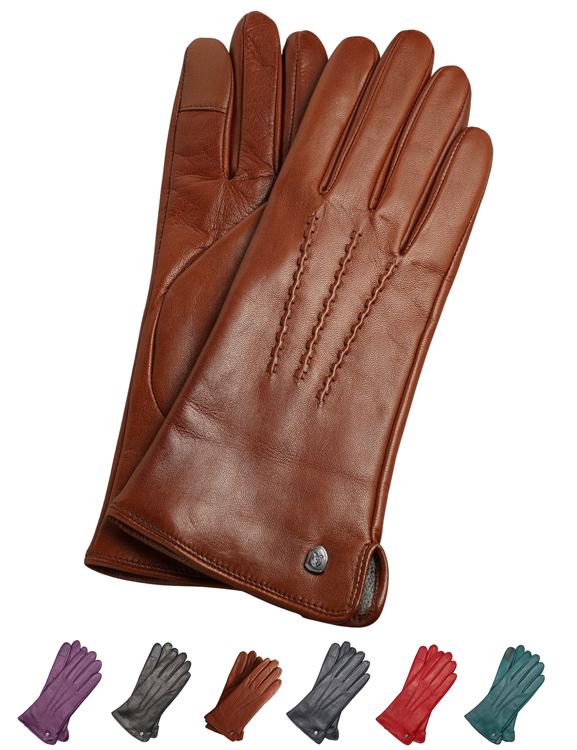 AKAROA ESTD 2019 Gants en cuir pour femme ANN, fonction tactile, cuir italien, doublure tricotée recyclée, 50 % cachemire et 50 % laine, 4 tailles S à XL