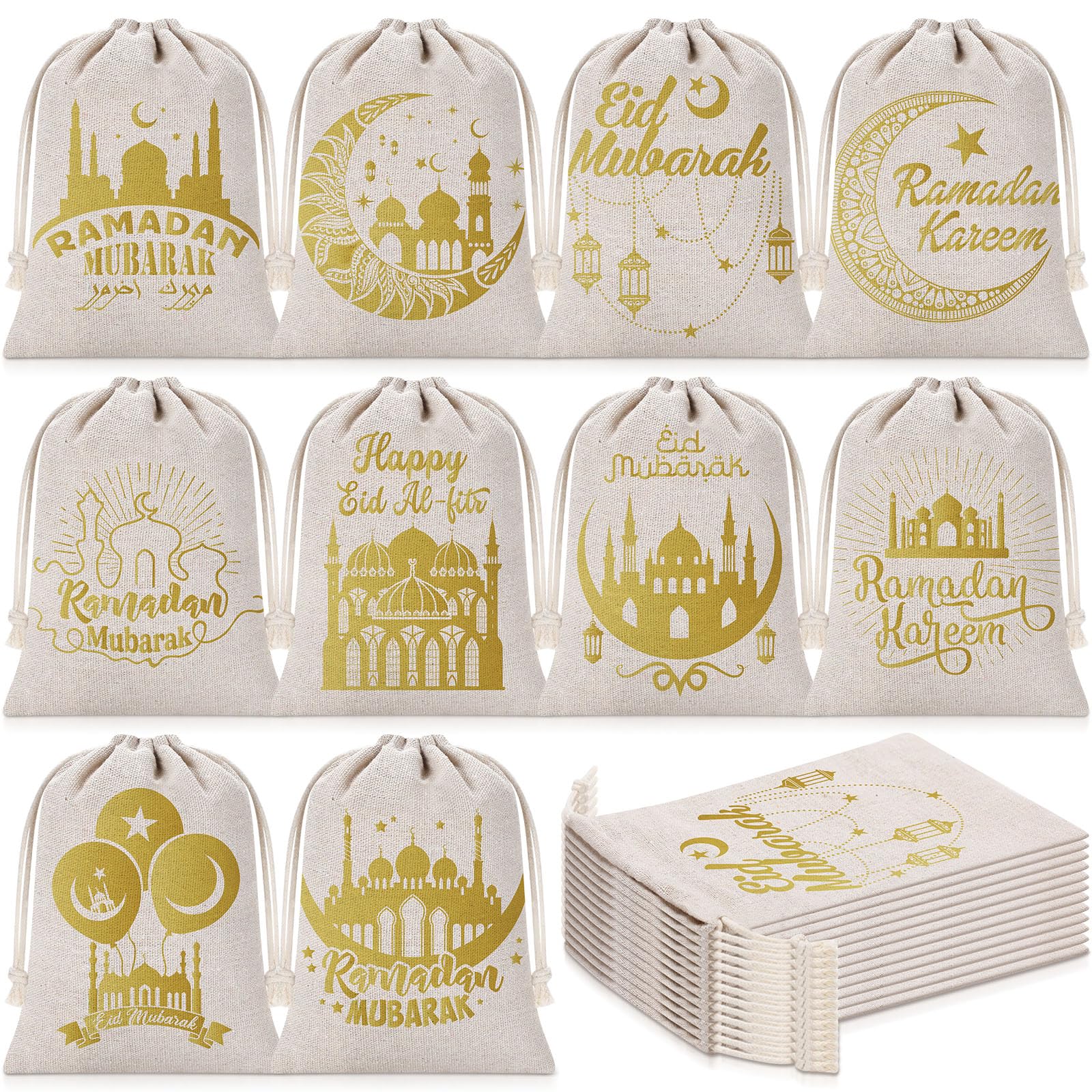 Sweetude 24 Pcs Eid Mubarak Gift Bags Eid Party Favor Ramadan Mubarak Drawstring Treat Bags for Ramadan Theme Baby Shower Birthday Party Decorations Supplies, 7.1 x 5.1 Inch