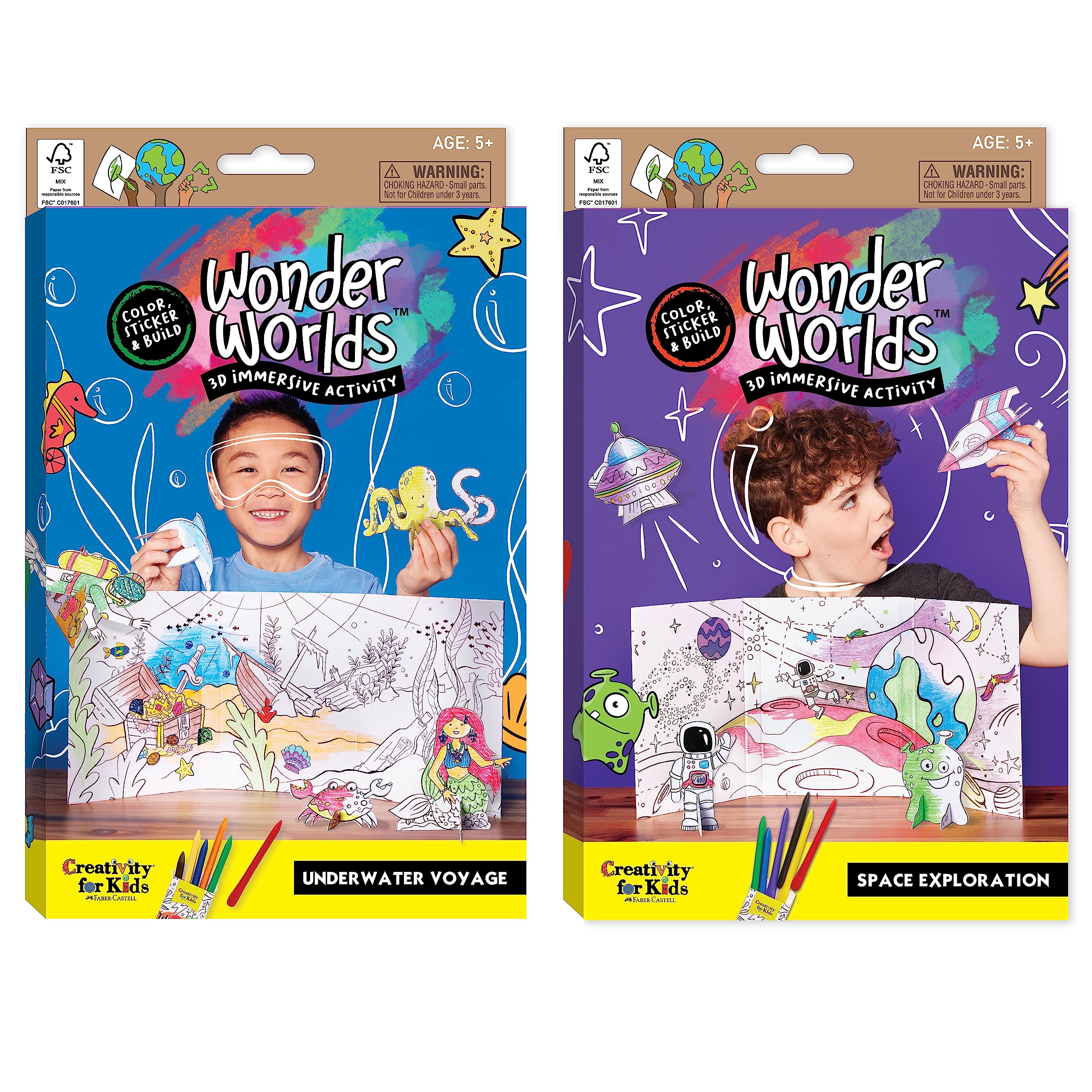 Creativity for KidsWonder Worlds 3D Coloring Craft Kit 2 Pack: Outer Space and Underwater Voyage - Gifts for Boys and Girls Ages 5-8+