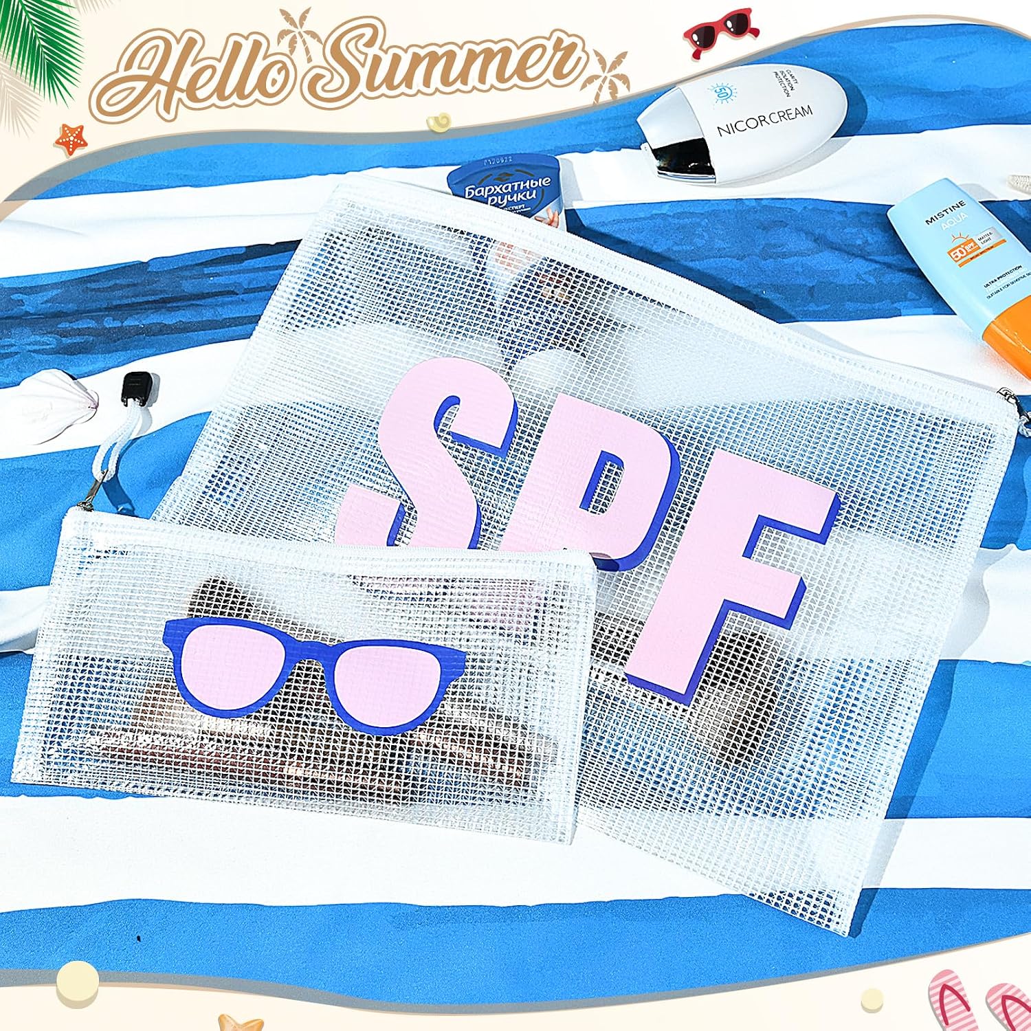 SOIDRAM 2PCS SPF Makeup Bag Clear Zippered SPF Bag Cosmetic Pouch Waterproof Travel Toiletry Organizer for Women Varsity Letter Patch Beach Pool Essentials