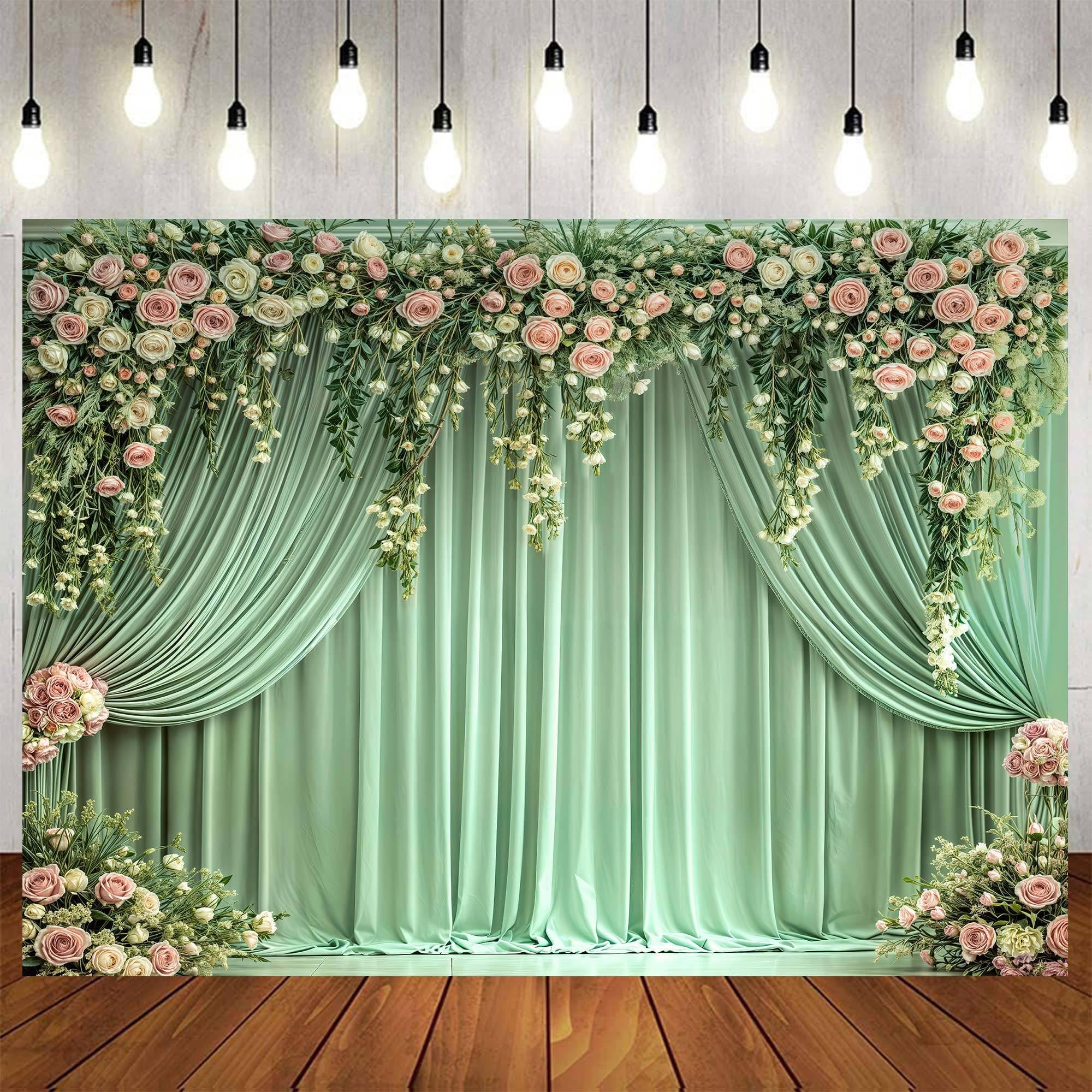 View 1 of 10x8ft Sage Green Floral Backdrop Spring Rose Wall Background Pink Flowers Backdrops Tea Party Backdrop Floral Girls Birthday Weeding Valentine's Day Mother's Day Event Banner Photo Props