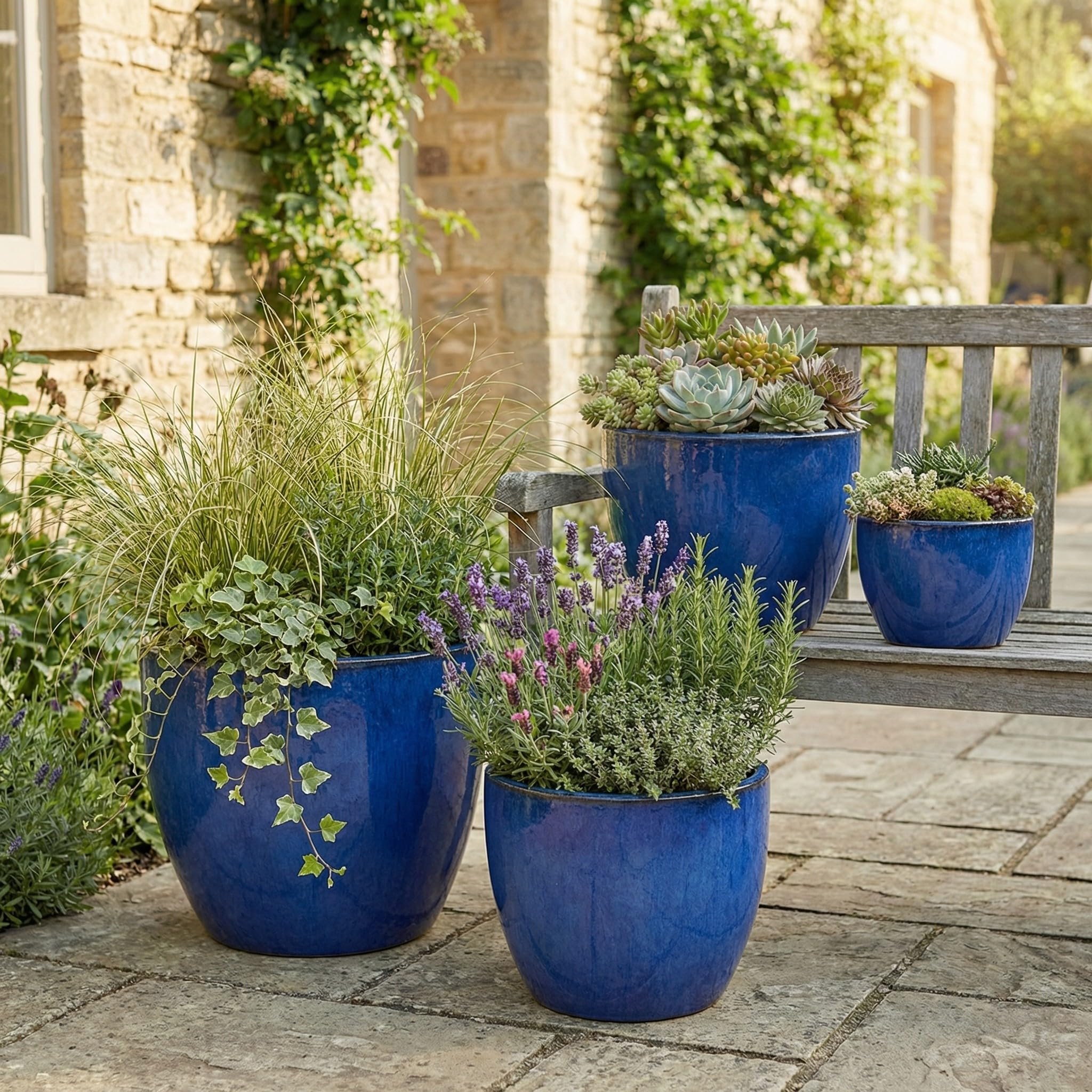 teramico Pot de Fleurs de qualité supérieure en céramique émaillée, 100% résistant au Gel et Fait à la Main, bac à Fleurs avec Trou (Bleu Roi, 48cm x 41cm)