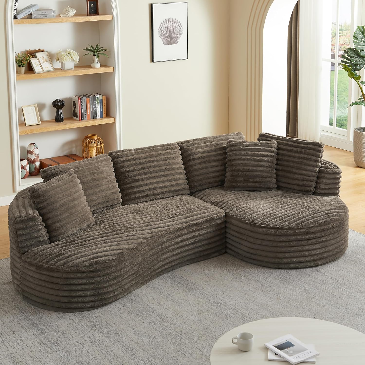 Modern Curved Sofa for Living Room,Minimalist deep seat,Ribbed Plush Corduroy Fabric Upholstery, L-Shaped with Round Chaise,Boneless Sectional Couch (Brown, Right Chaise Facing)